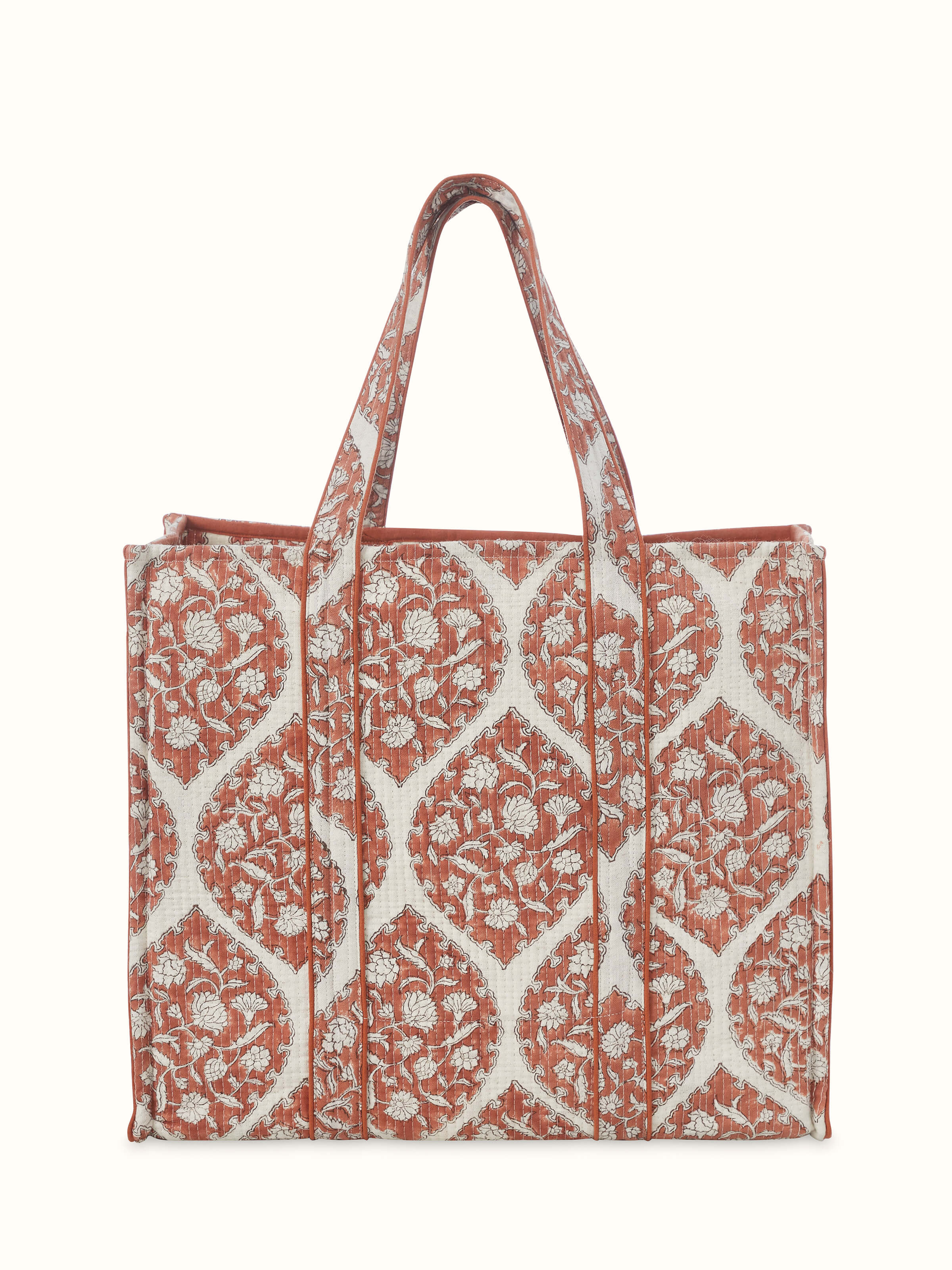 Orange Handblock Printed Quilted Tote Bag