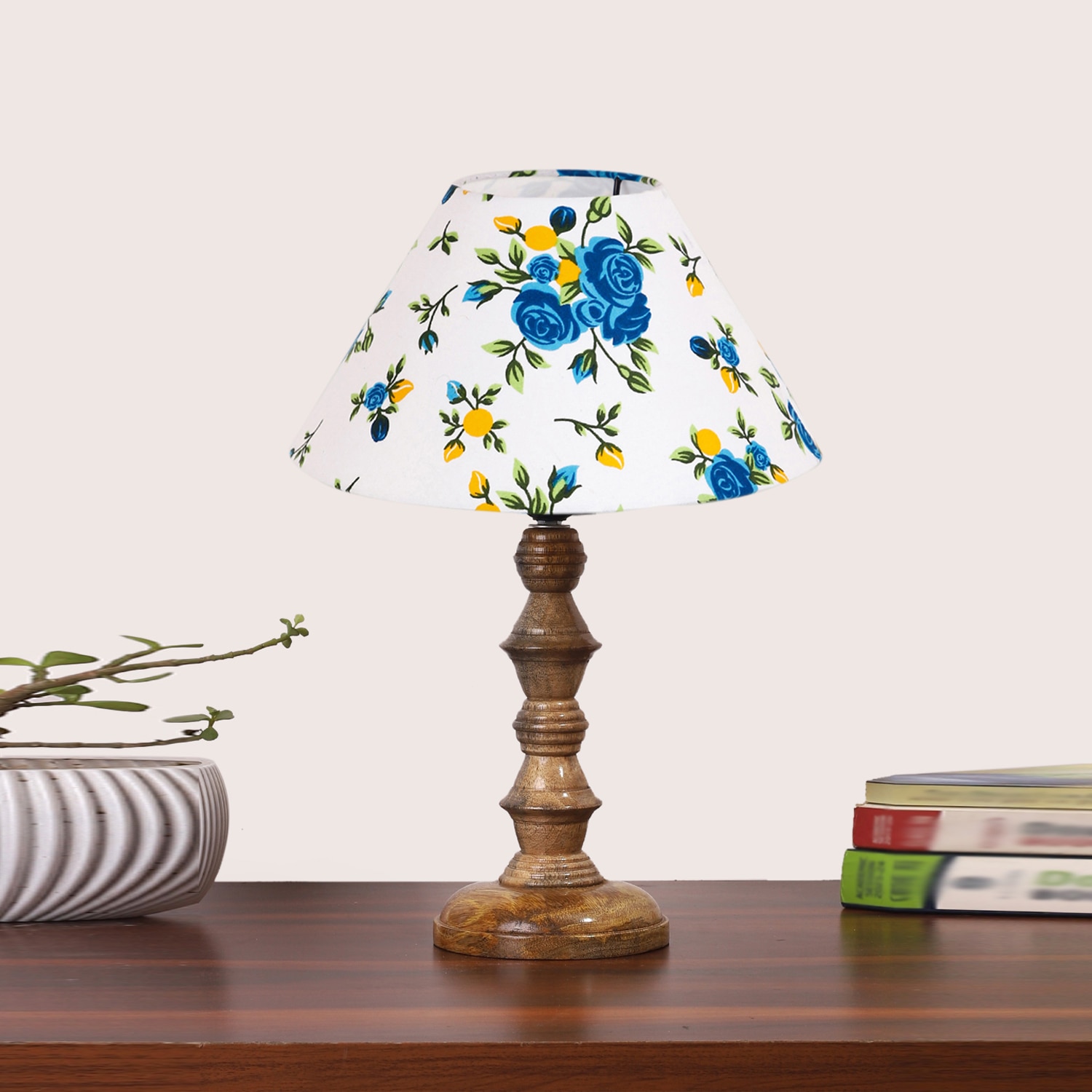 Devansh Multicolor Cotton Table Lamp With  Wood Natural Base (10X10X16) Inches)-38