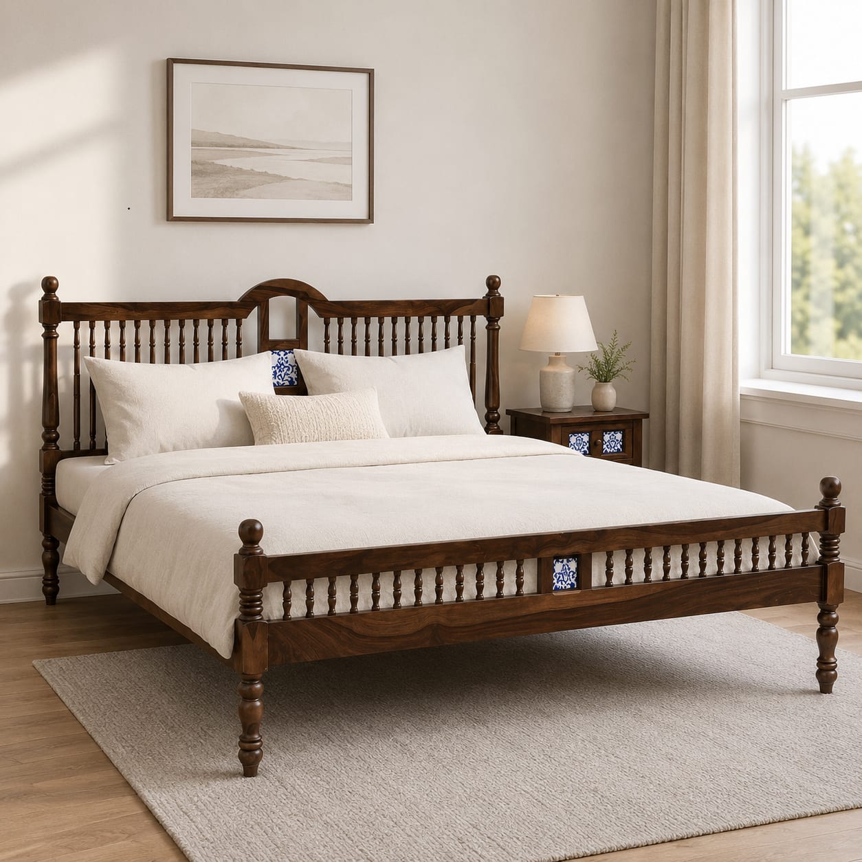 Nilaya Sheesham Wood King Size Non Storage Bed in Provincial Teak Finish - Woodenmood
