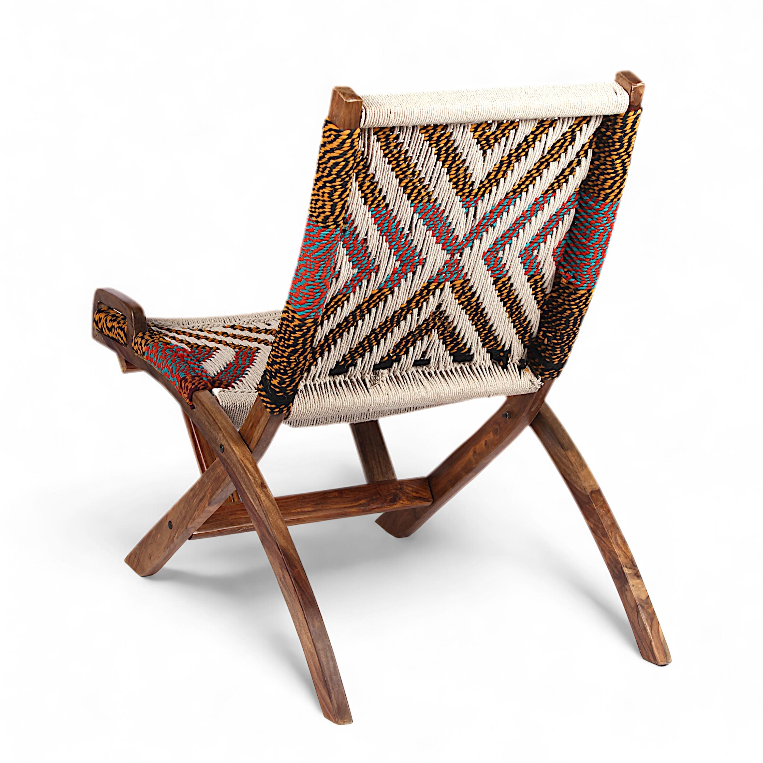 NatWest Sheesham Wood Relaxing Lounge Chair in Assorted Multi-Colour Chindi and White Rope Canning