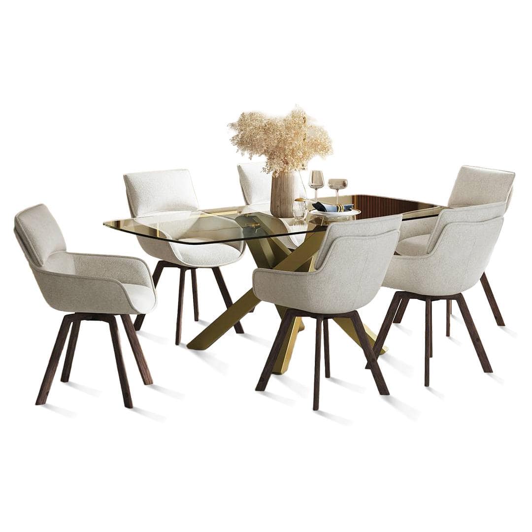 Zaida 6 Seater Dining Table With Set Of 6 Bren Swivel Dining Chairs (Colour- Ivory, Finish- Glass)