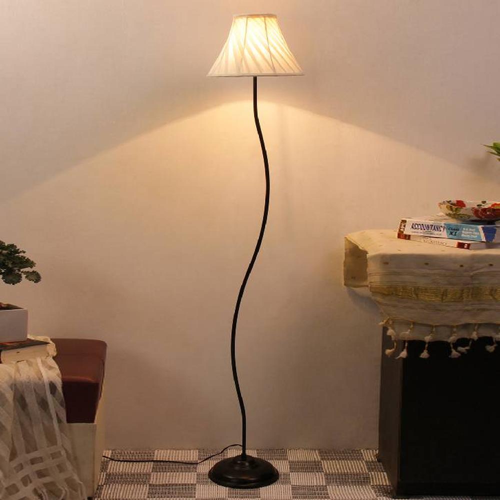 Callie Off White Fabric Floor Lamp with Black Iron Base