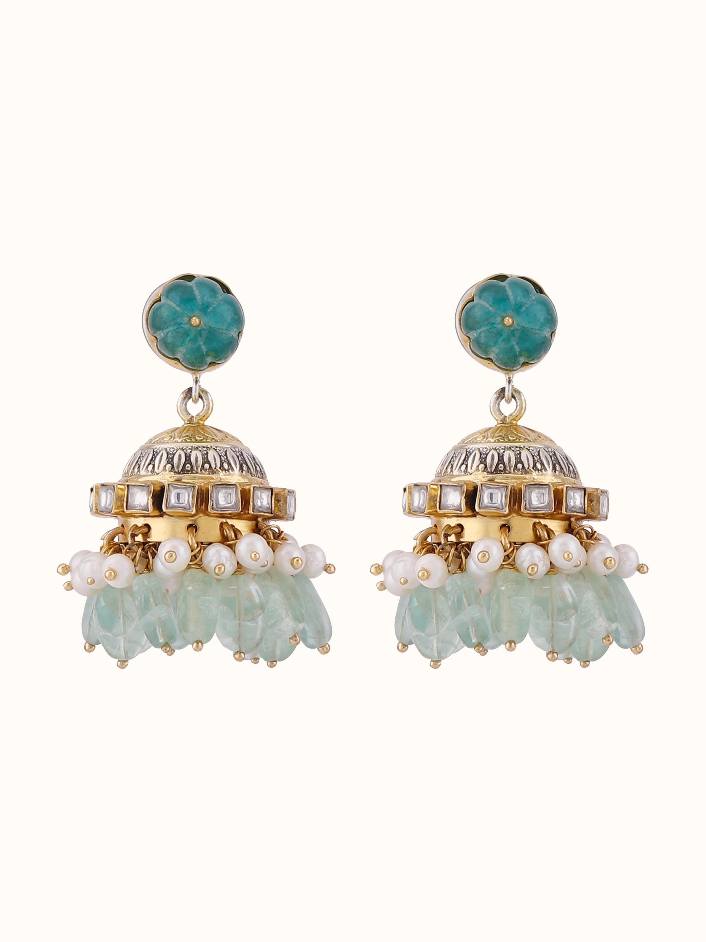 Front view of Silver Smithing jhumkas crafted in oxidised silver with dome-shaped design.