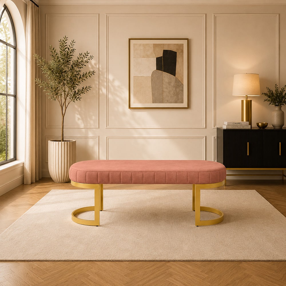 Doe Buck Upholstered Oval Bench in Pink Colour with Gold Loop Legs - Doe Buck