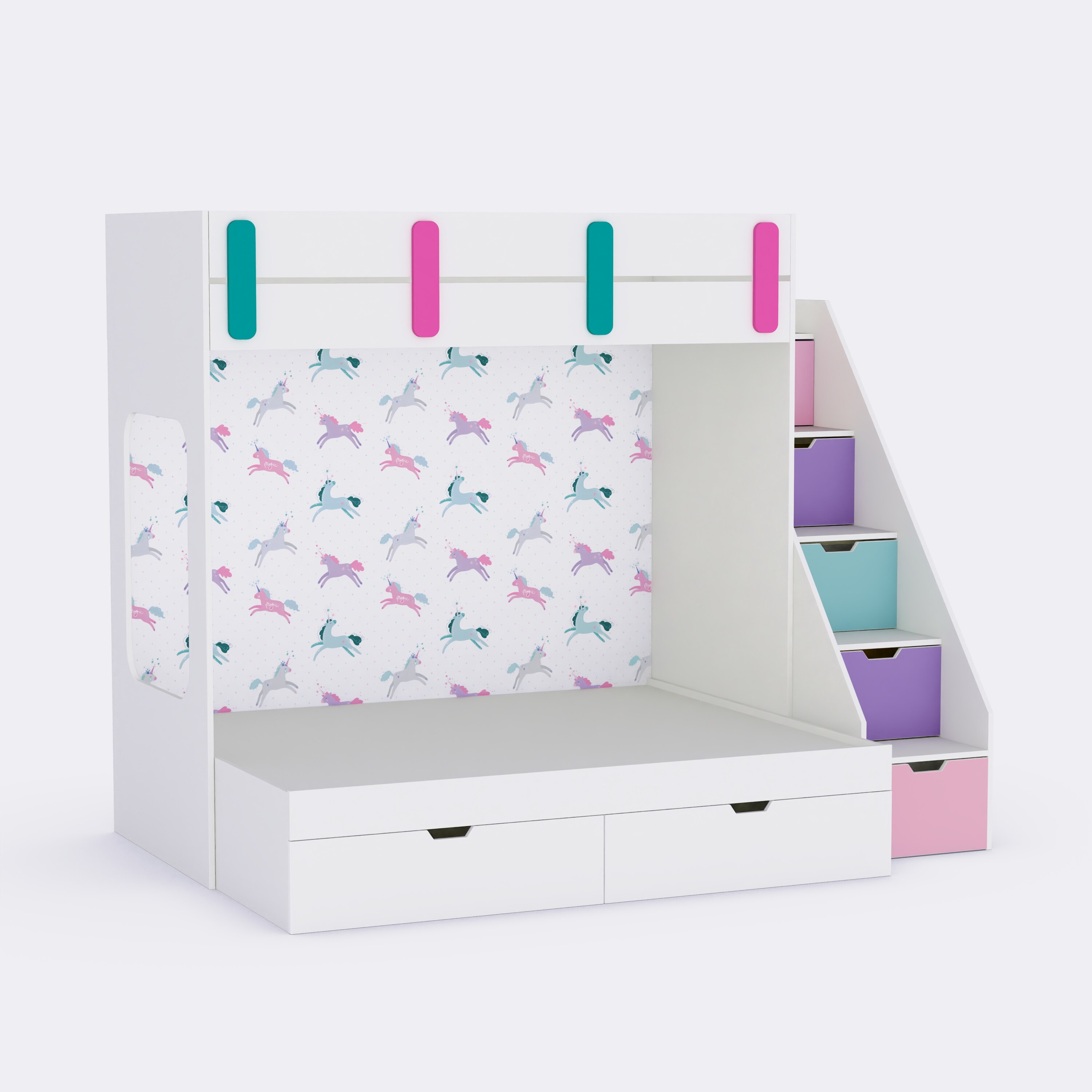 Pattern Dreams Bunk Bed  6X5 (Drawers On Wheels) In White Colour