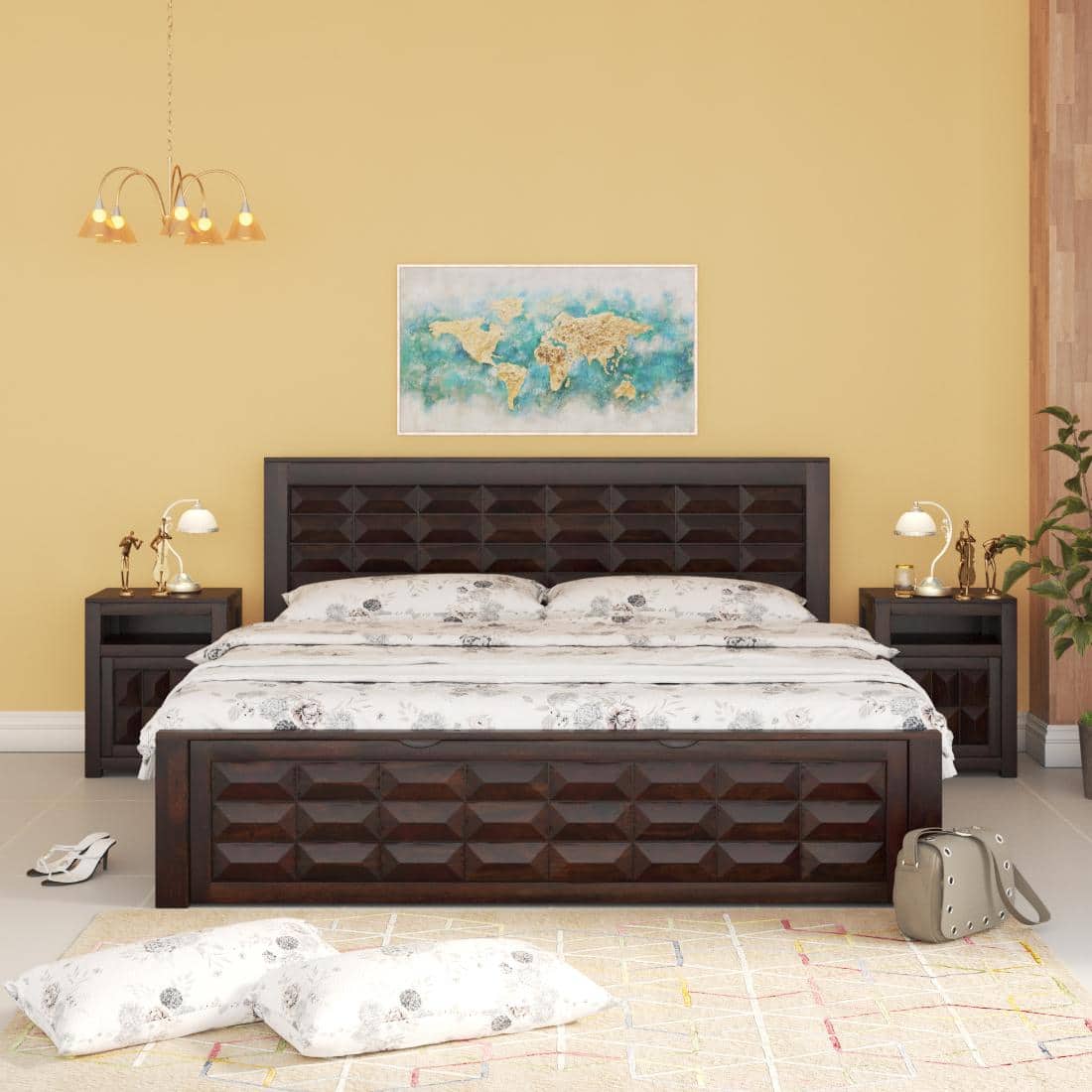 Shashi Solid Wood Queen Size Bed With Box & Front Drawer Storage Bed In Walnut  Finish