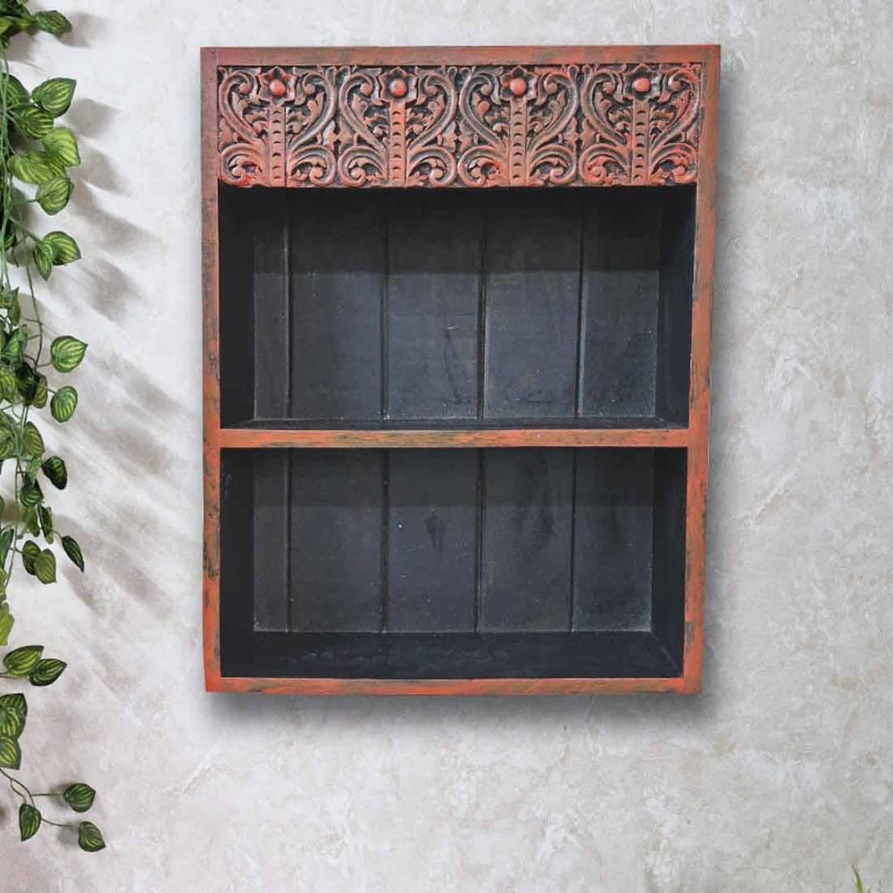 Kasika Red Colour Solid Wood Handcarved Box Style Floating Wall Shelf with compartment
