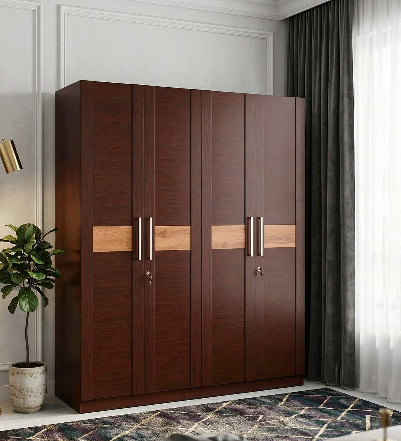 Magnum Engineered Wood 4 Door Wardrobe in Walnut Finish