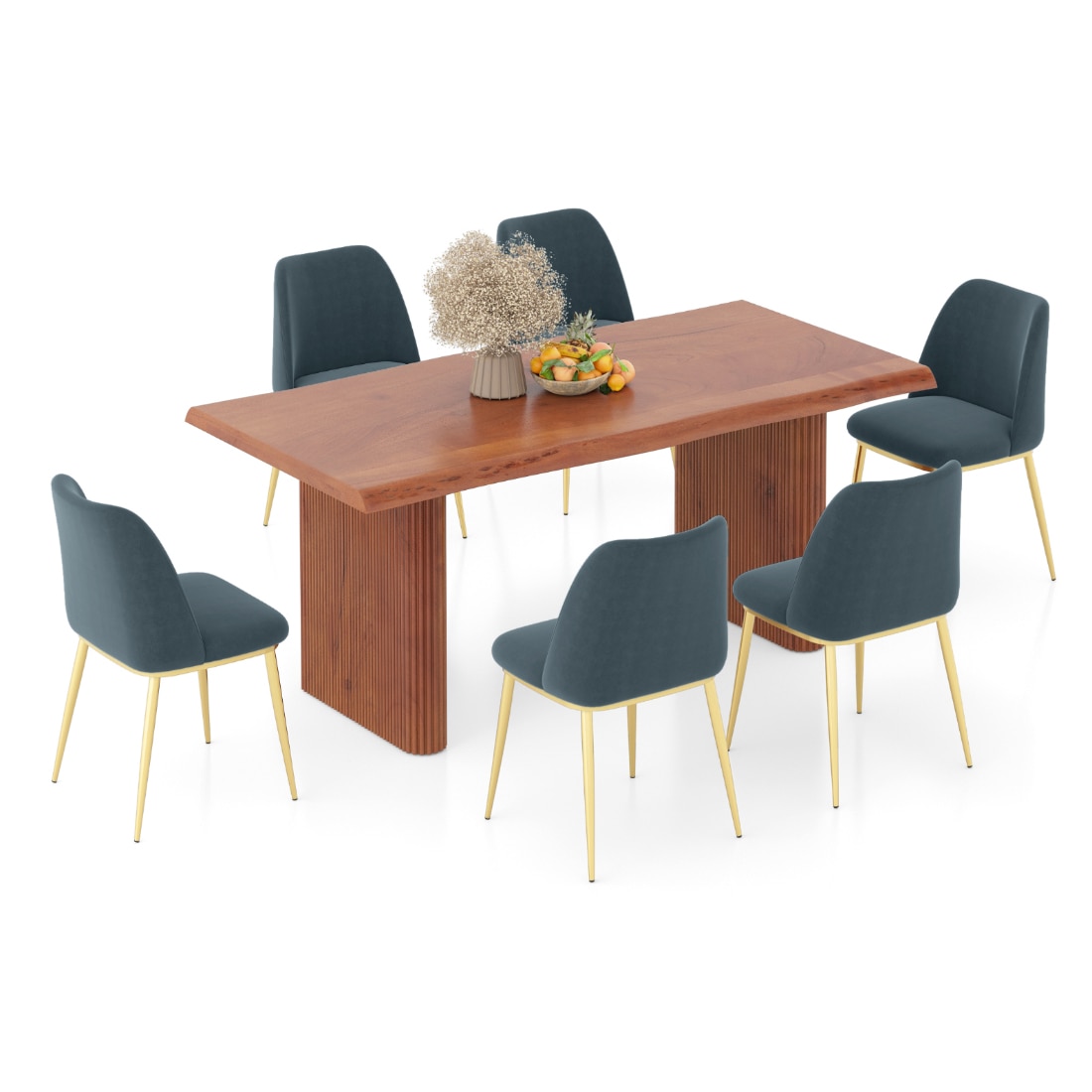 Heston Solid Wood 6 Seater Dining Table with 6 Olivia Accent Chair (Finish : antique brass; Colour : davos plus)