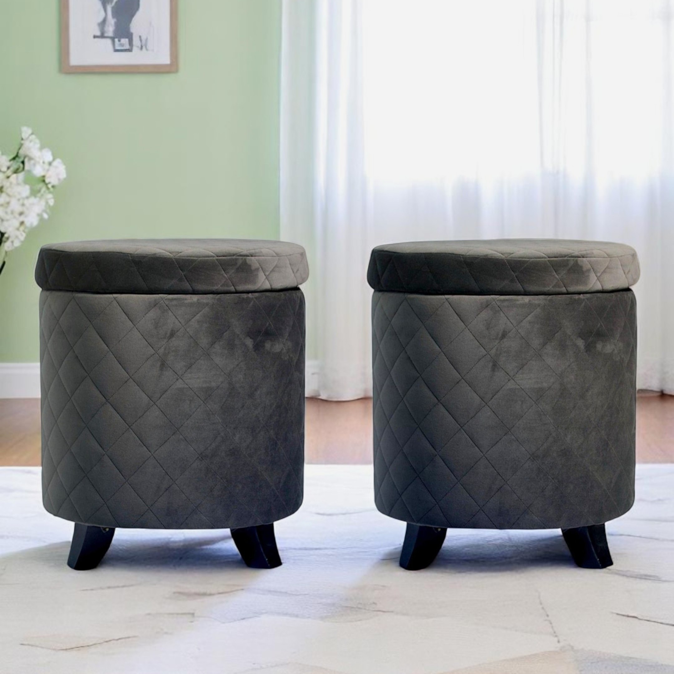 Orl o Solid Wood Accent Round Set of 2 Ottomans in Iron Grey Velvet Upholstery   Storage