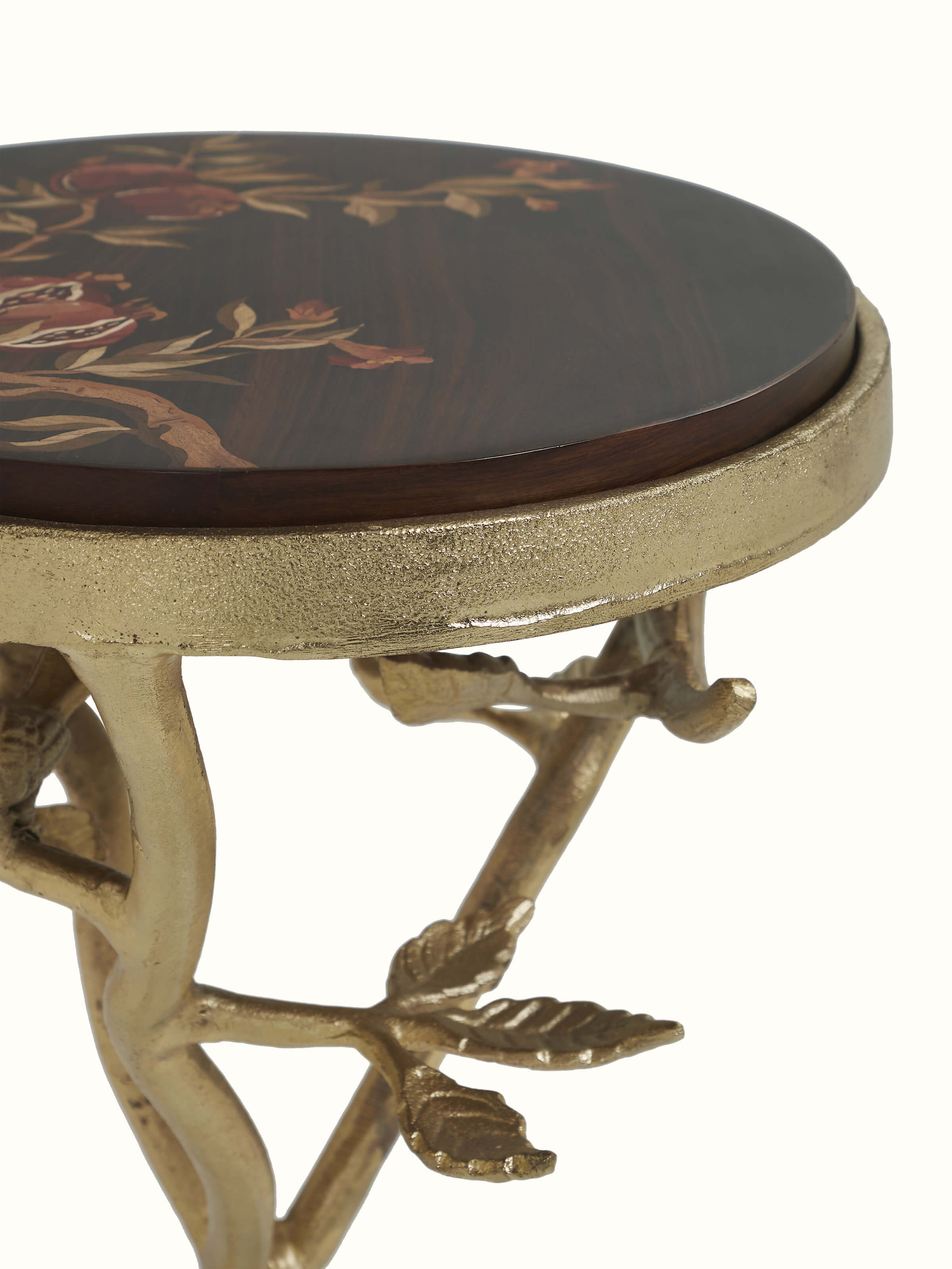 Close-up view of Mysore Rosewood Inlay End & Side Table showcasing intricate inlay details and polished wood finish.