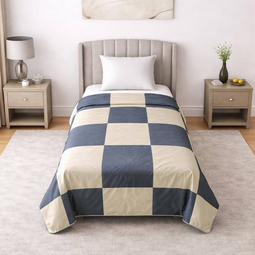 Veda Blue & Cream Checkered Cotton Dohar Double Bed Reversible 300 Tc Size 240 X 160 Cms