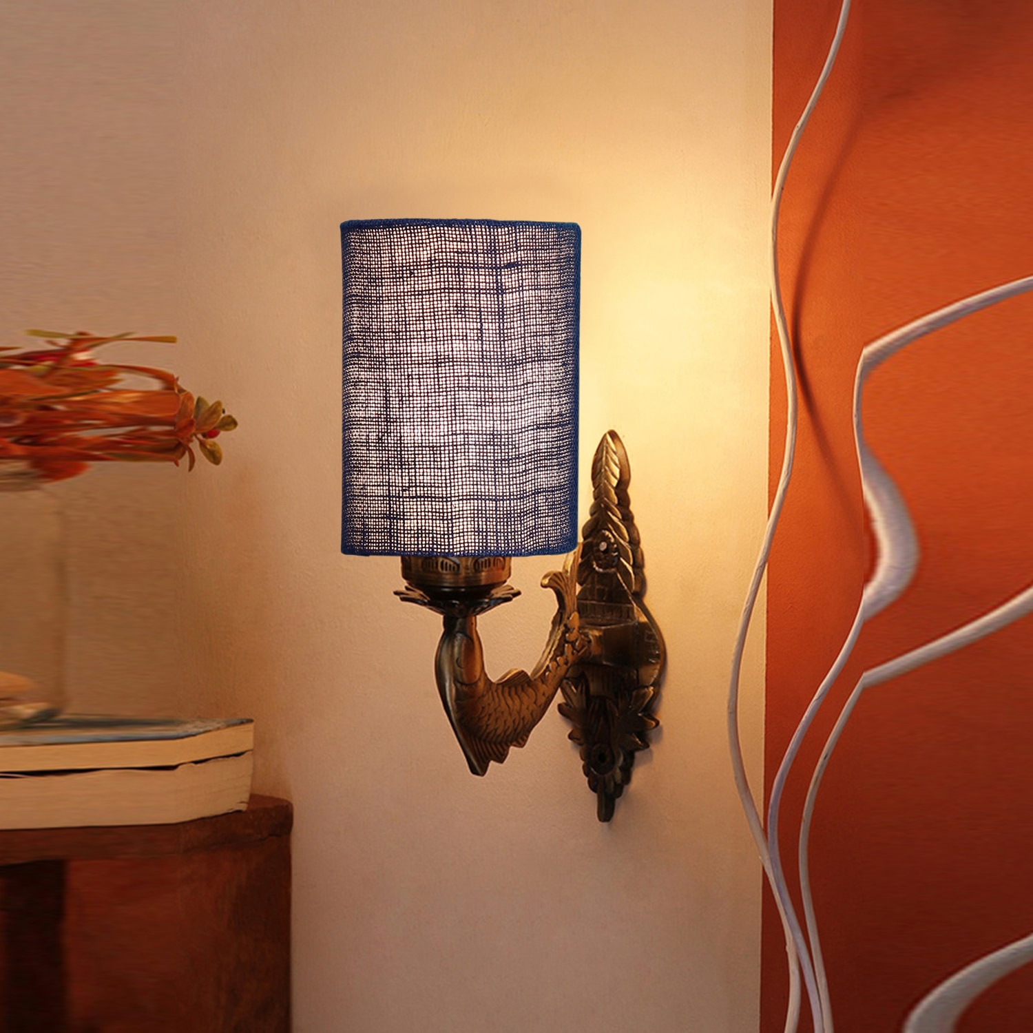 Devansh Metal Electric Wall Light in Antique Gold Colour with Blue Shade Count of 1 Light - Devansh