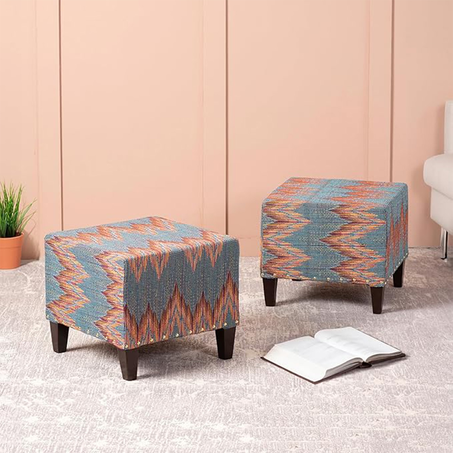Crest Jacquard Wooden Seating Stool in Blue Color Set of 2 - Nestroots