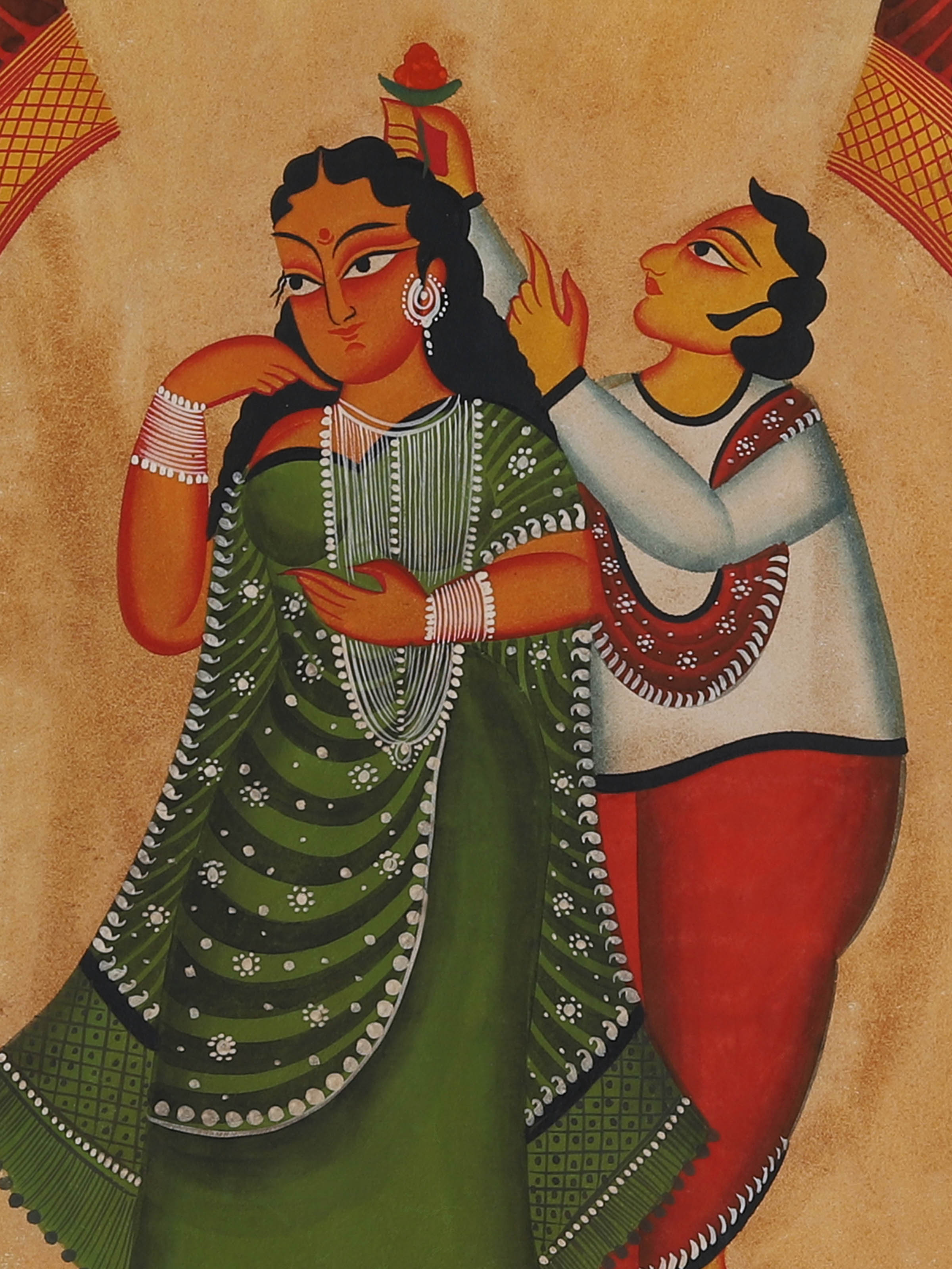 Close-up detail view of Man Flower Kalighat folk art painting texture