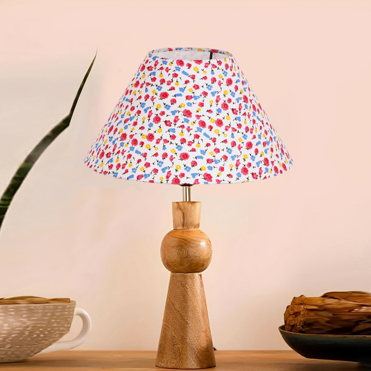 Devansh Multicolor Cotton Table Lamp With  Wood Natural Base (10X18 Inches)-40 - Devansh