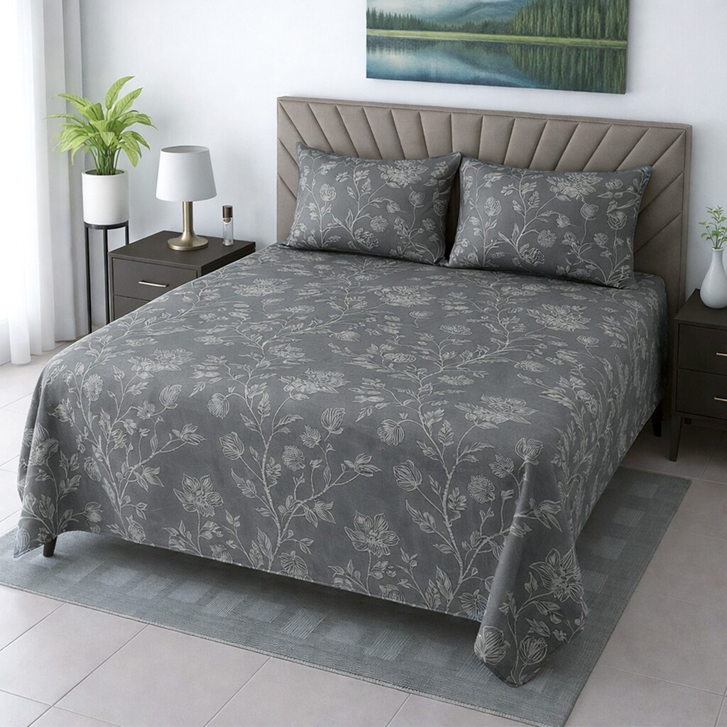 Jace Slate Grey Floral 400 TC Cotton Flat Super King Size Bedsheet with 2 Pillow Covers – Threads - Threads