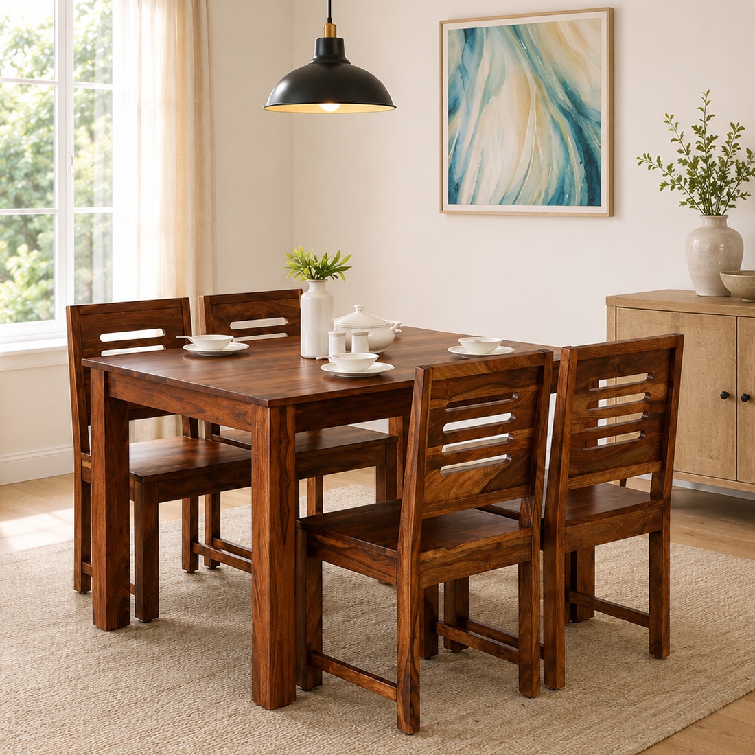 Charlie 4 Seater Dining Set In Honey Finish - Jyoti Impex