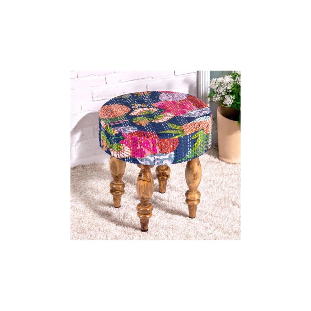 Roswell Sheesham Wood Mid Century Round Set of 2 Stools in Fruit Print Blue Kantha Upholstery