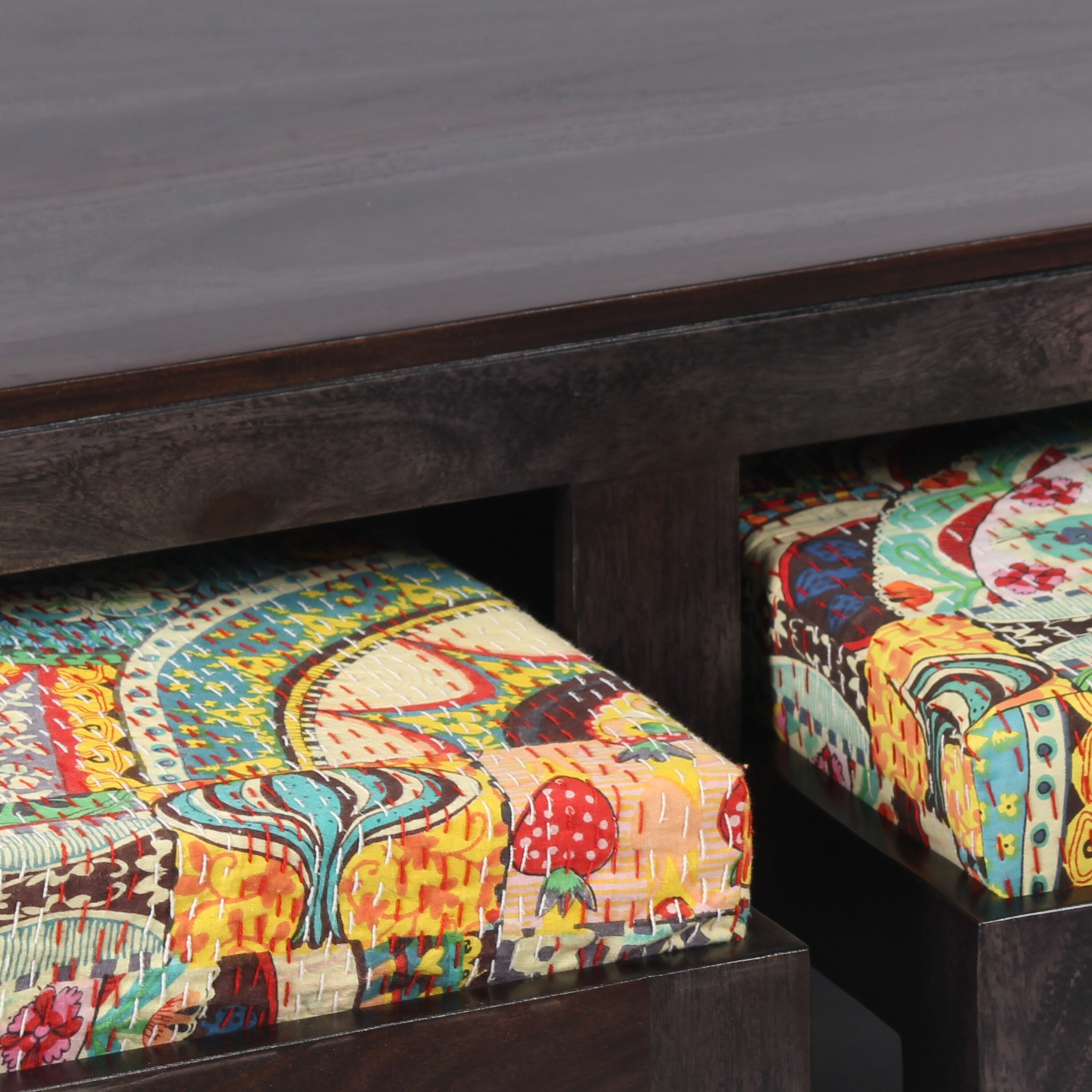 Irish Sheesham Wood Coffee Table With 2 Stools Set In Mahogany Finish & Multi Colour Israel Print Kantha Fabric Cushions