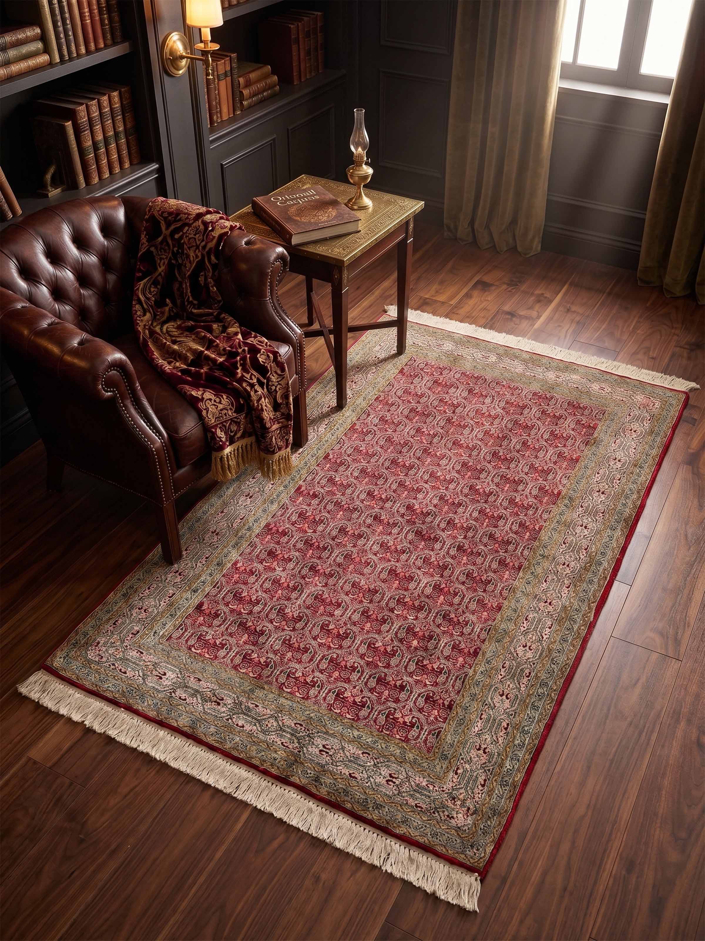 Traditional Persian Red Senneh Kashmir Silk Hand-Knotted Carpet