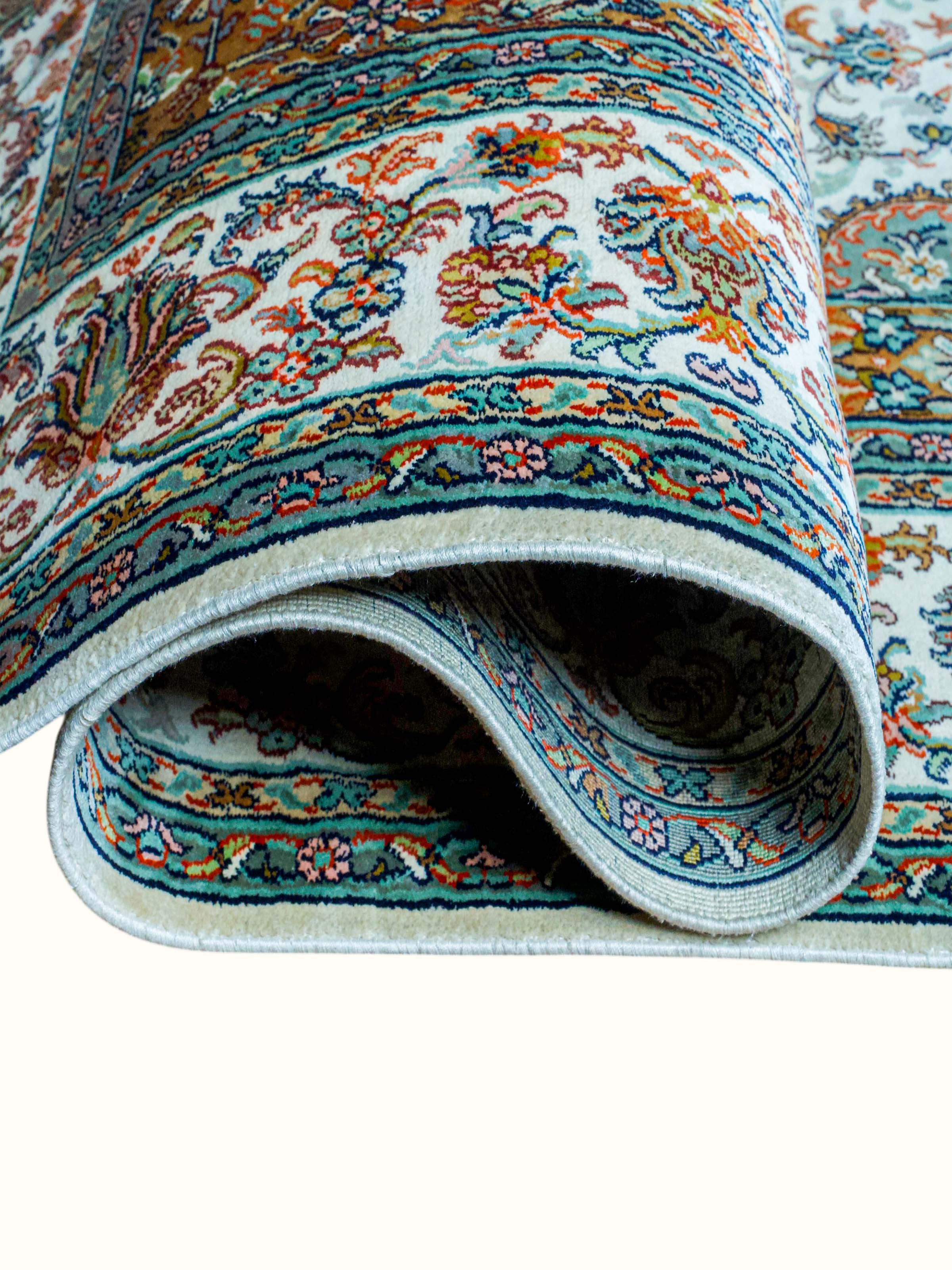 Traditional Persian Ivory Blue Kerman Kashmir Silk Hand-Knotted Carpet