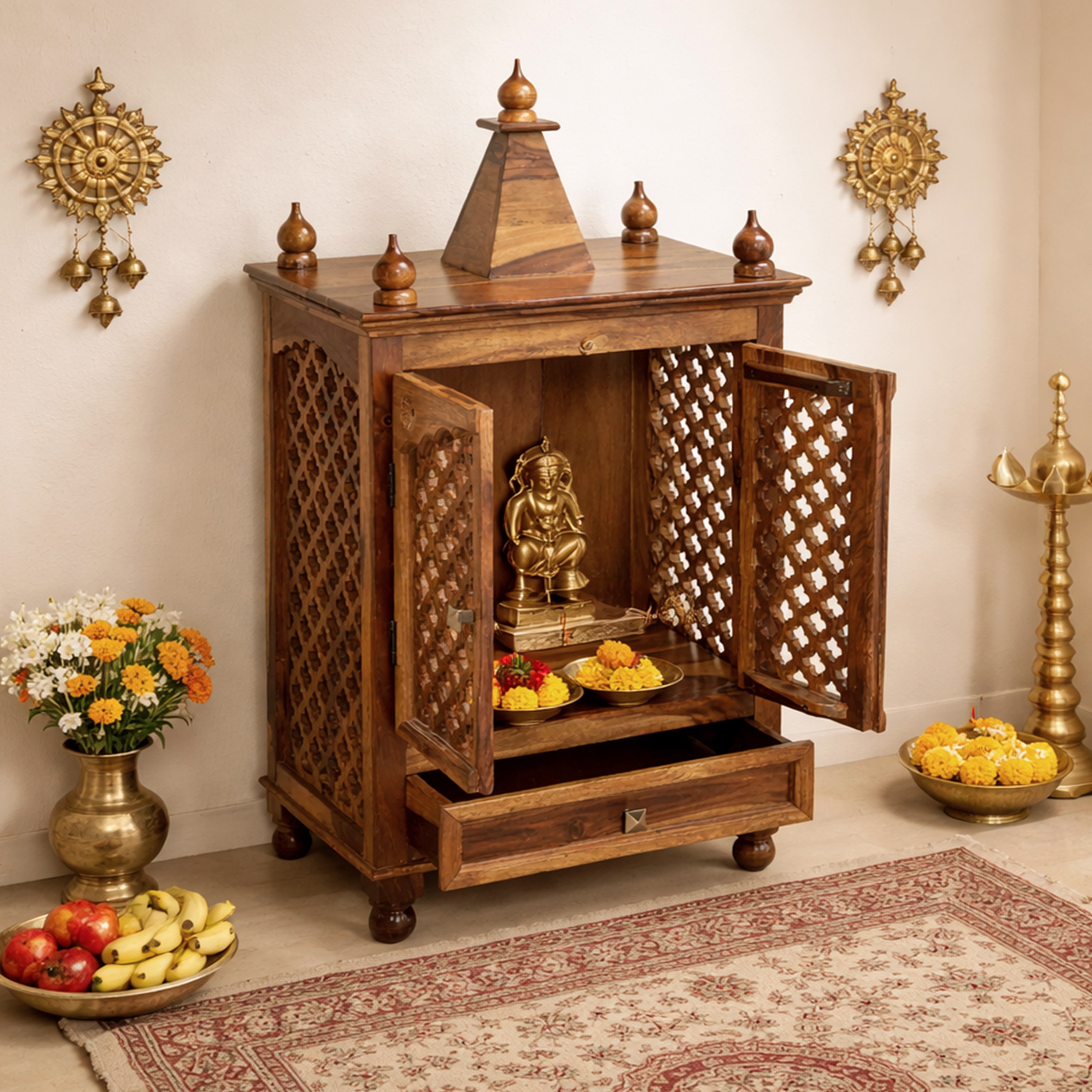 Lidi Sheesham Wood  Prayer Unit in Teak Finish