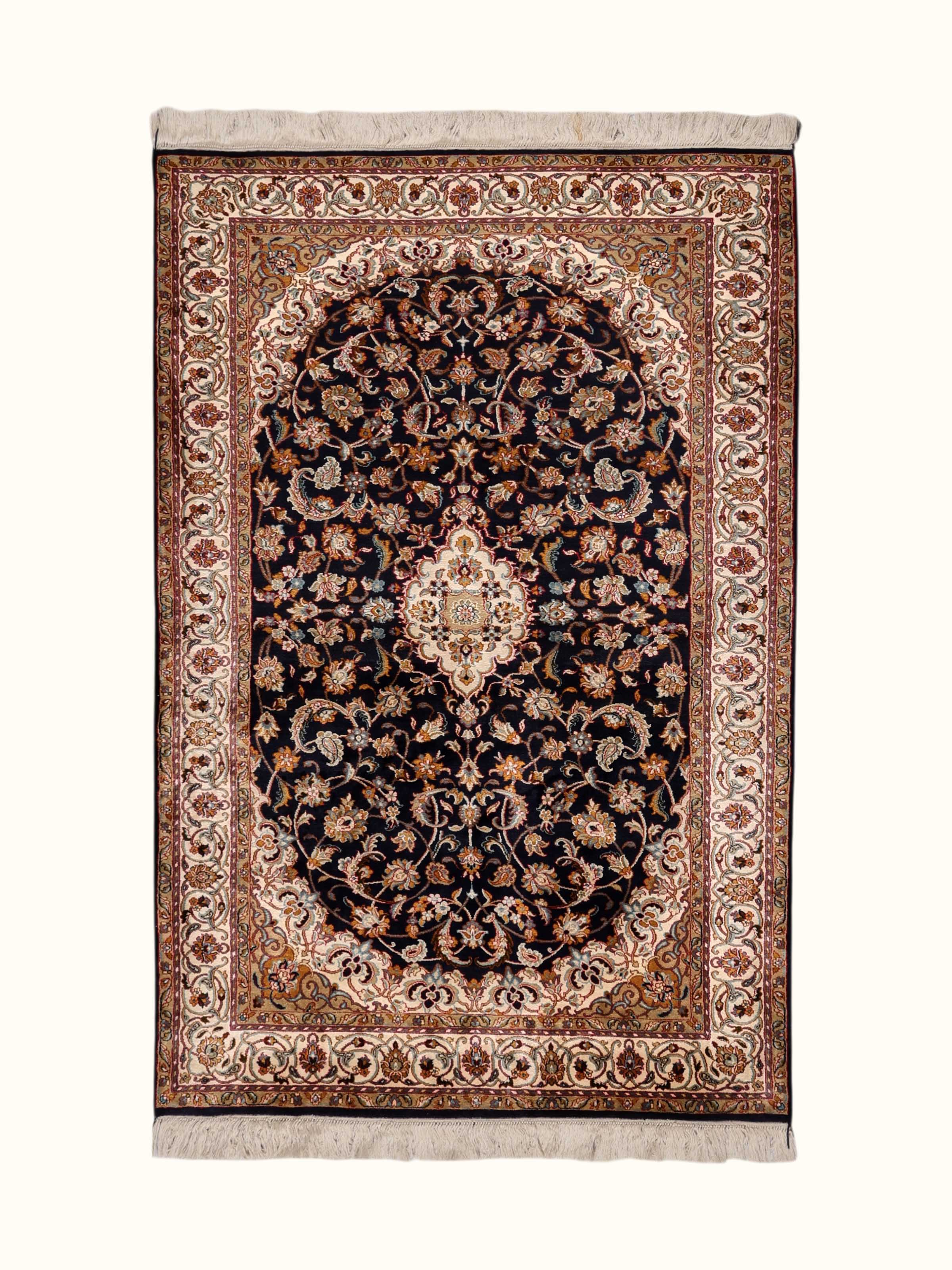 Traditional Persian Navy Kashan Kashmir Silk Hand-Knotted Carpet