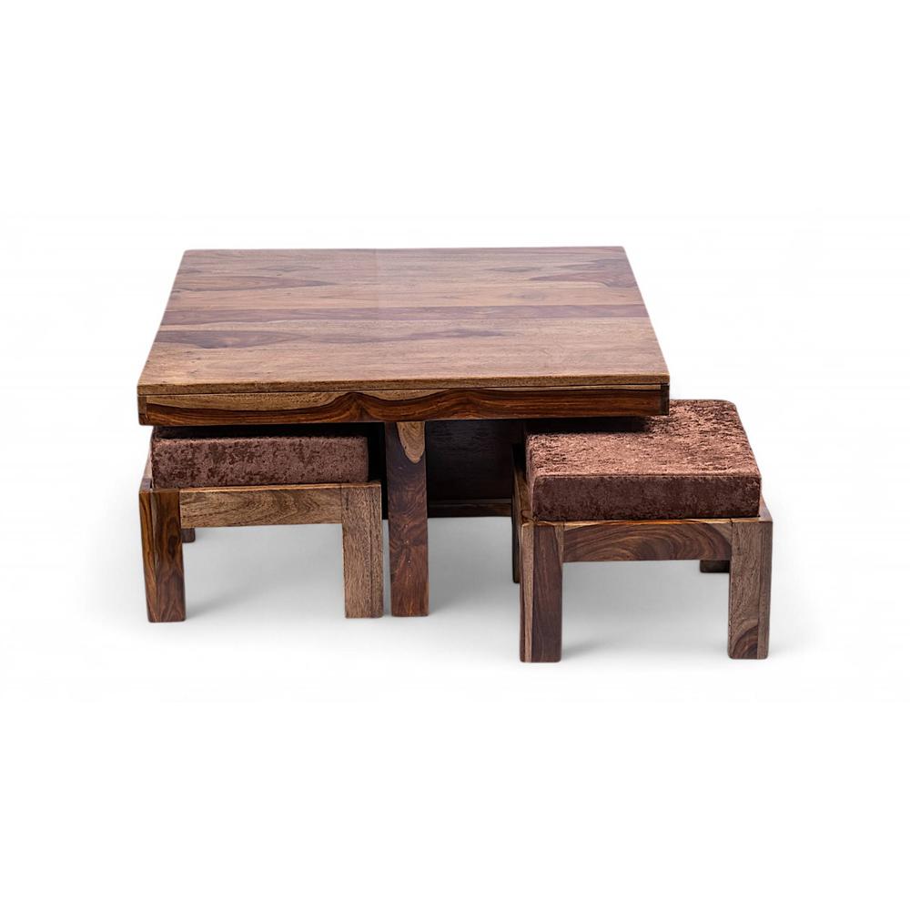 Blane Sheesham Wood 4 Seater Coffee Table Set In Teak Finish Brown Sparkle Velvet Cushion
