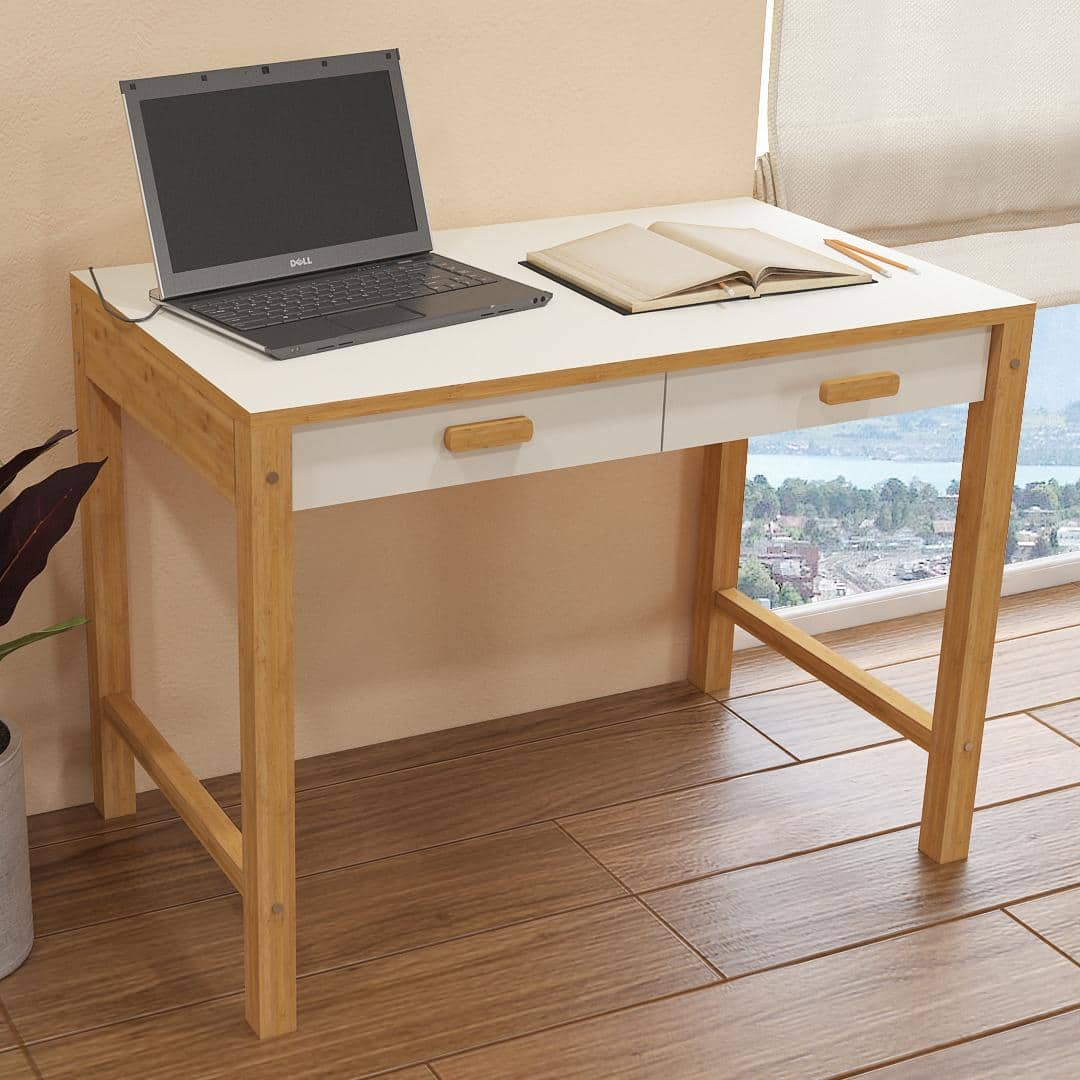 Exotica Solid Wood Study Desk with Drawers and Wooden Handles in Ivory Colour