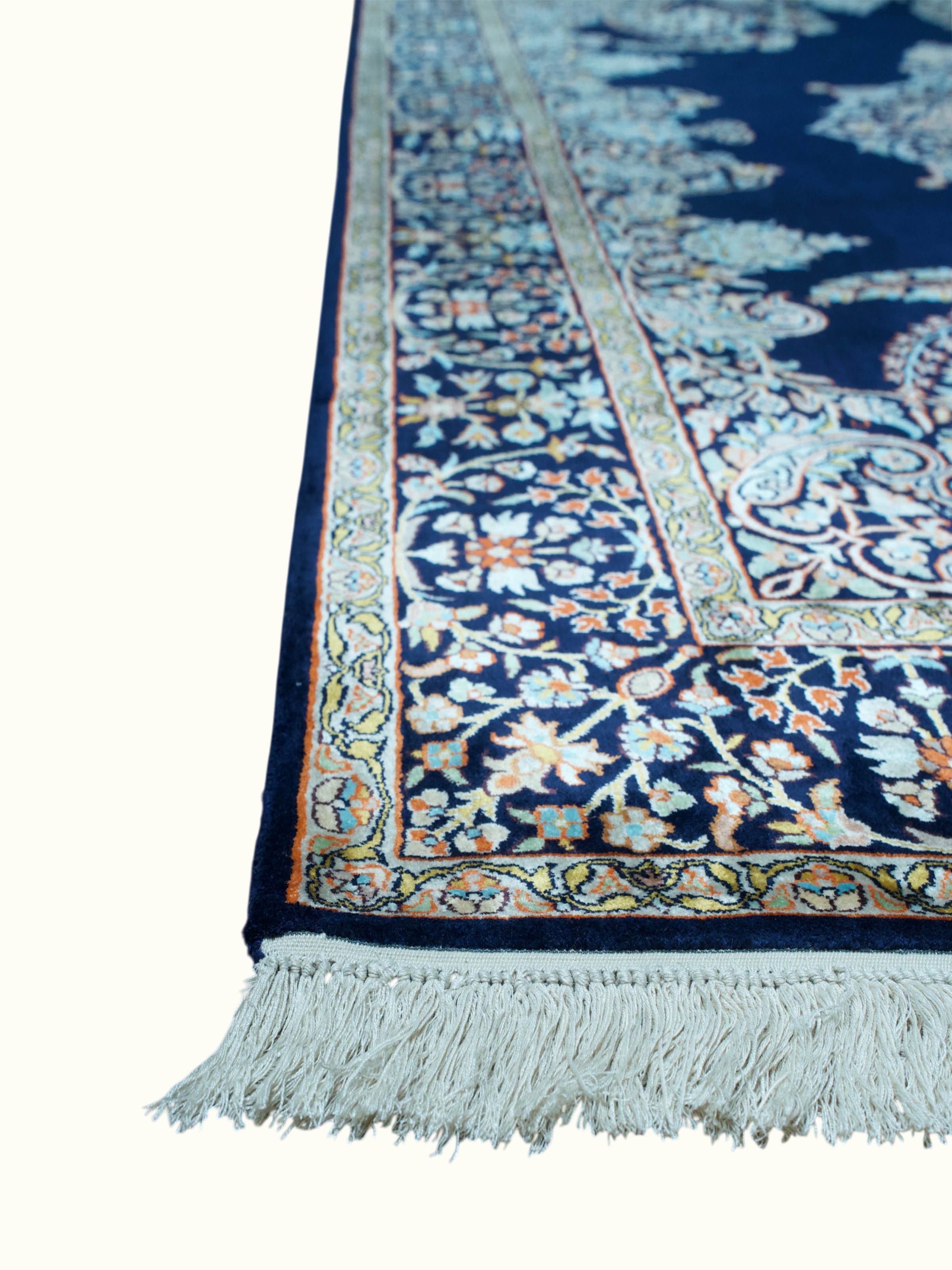 Traditional Persian Navy Mahal Kashmir Silk Hand-Knotted Carpet