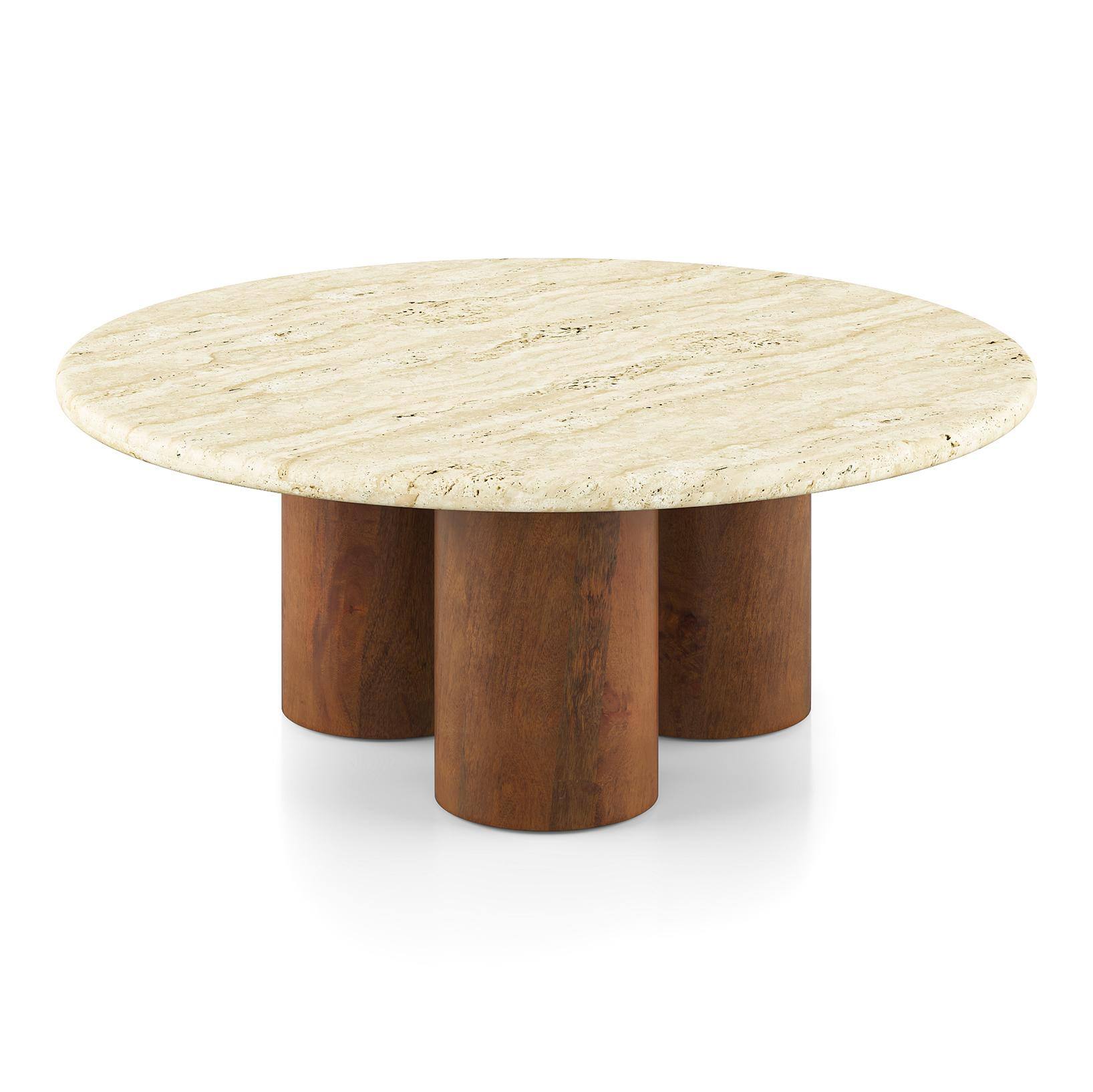 Enzo Nested Round Coffee Table In Travertine Marble And Solid Wood In Amber Walnut Finish