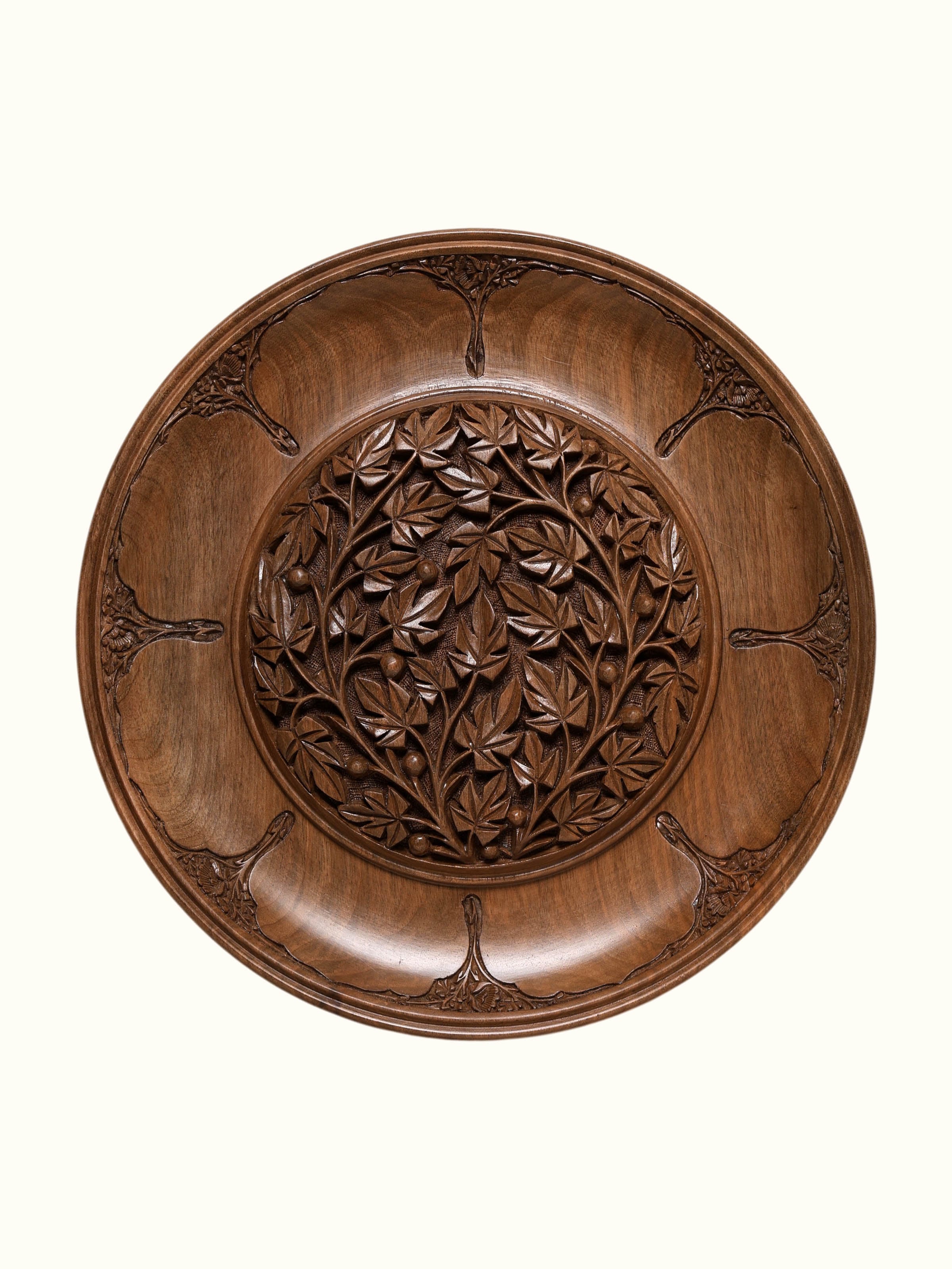 Front view of the Chaman e Chinar Walnut Wood Display Plate