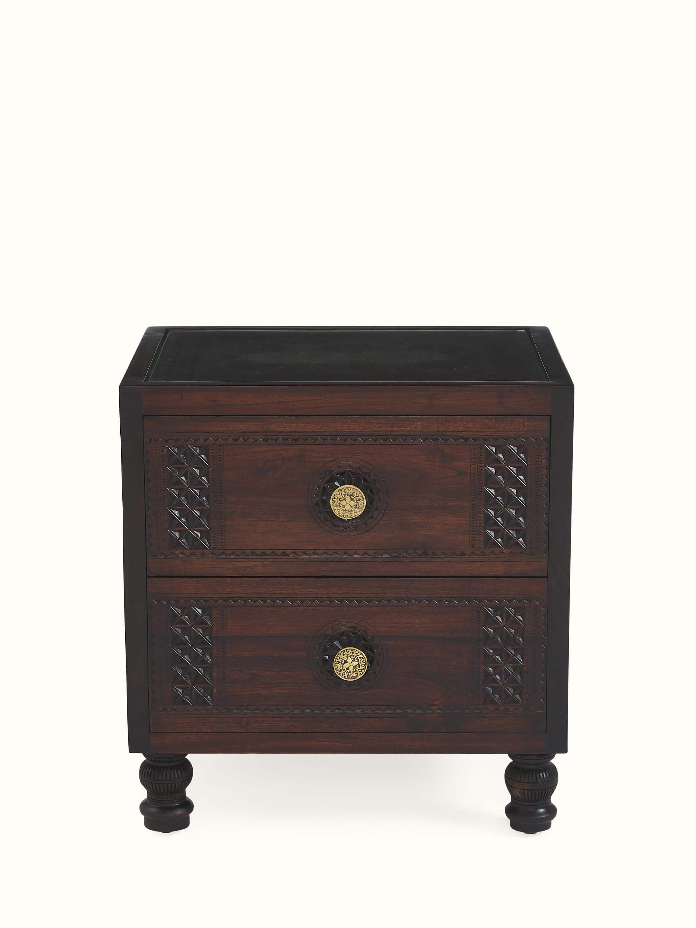 Front view of handwoven cane and Sheesham wood cabinet – traditional Indian storage solution