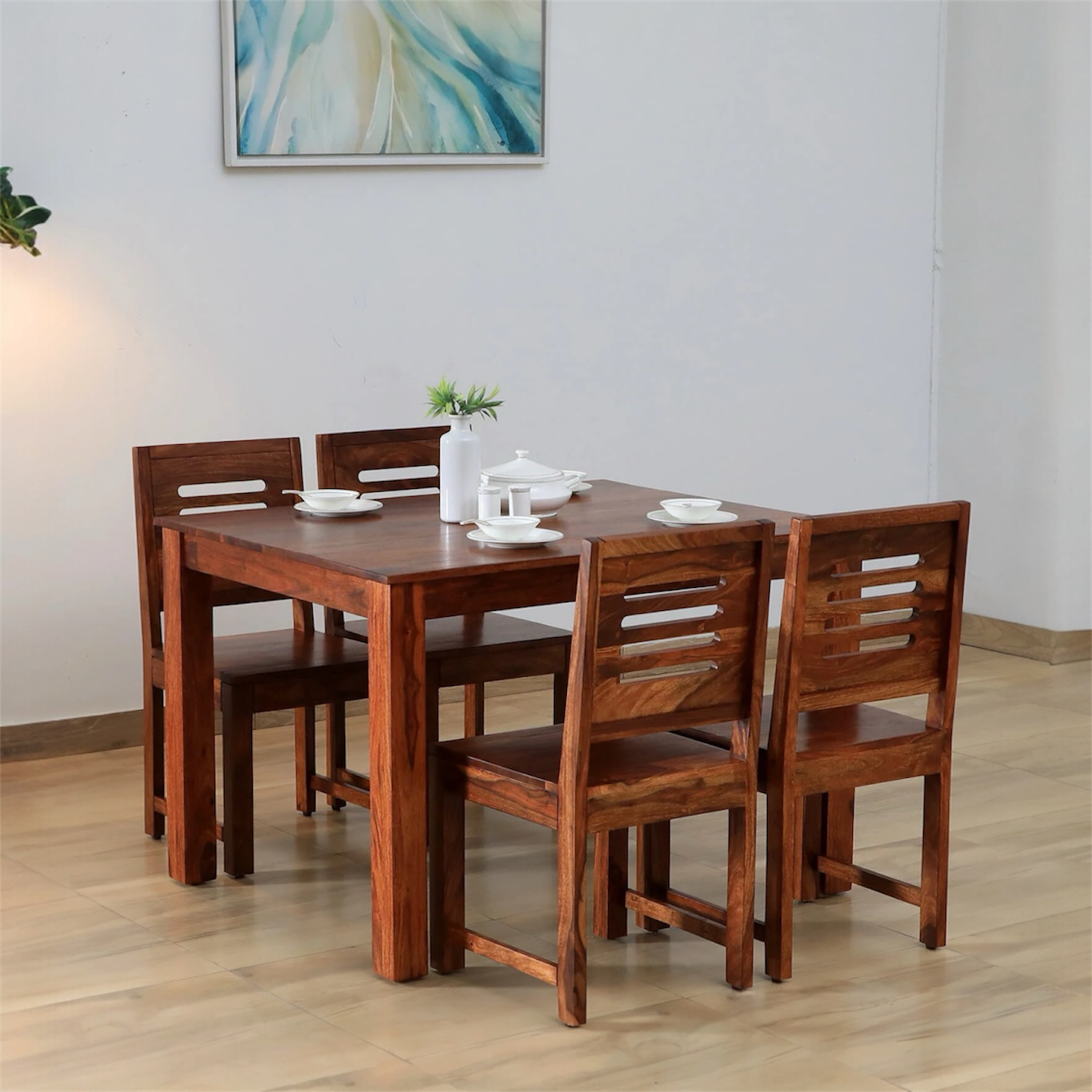Maharin Solid Wood 4 Seater Dining Set With 4 Chairs Honey Finish - Interior Valley