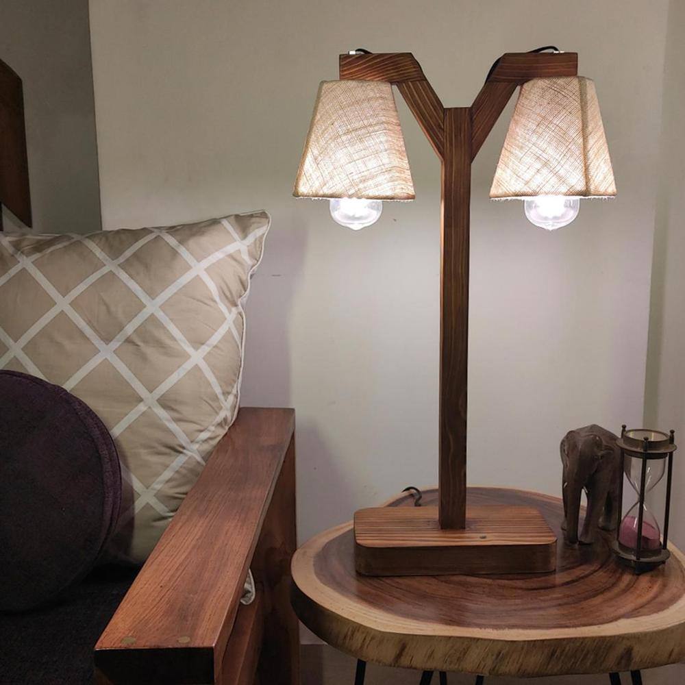 Elania Wooden Table Lamp with Brown Base and Premium White Fabric Lampshade