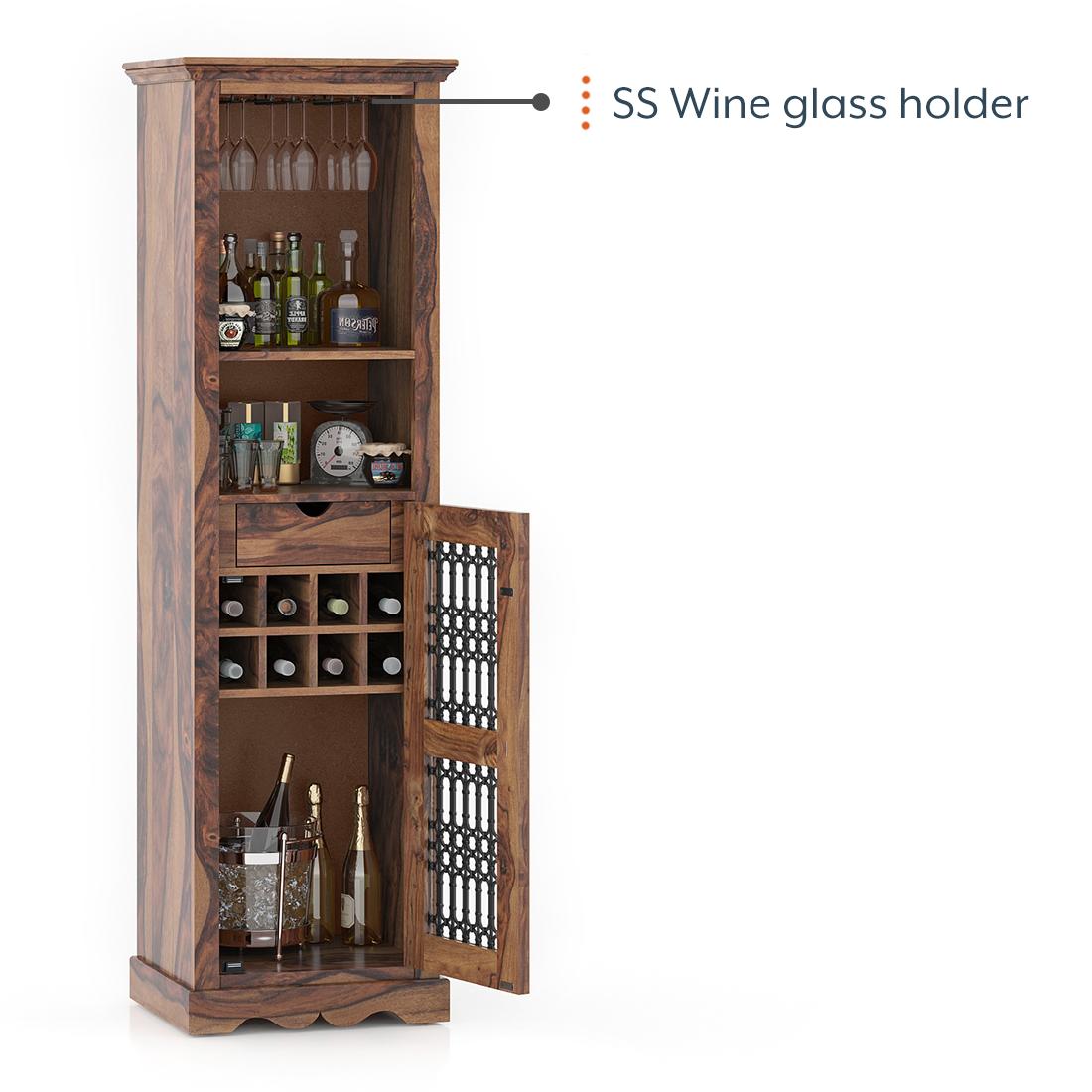 Bunai Solid Wood Free Standing Bar Cabinet In Teak Finish