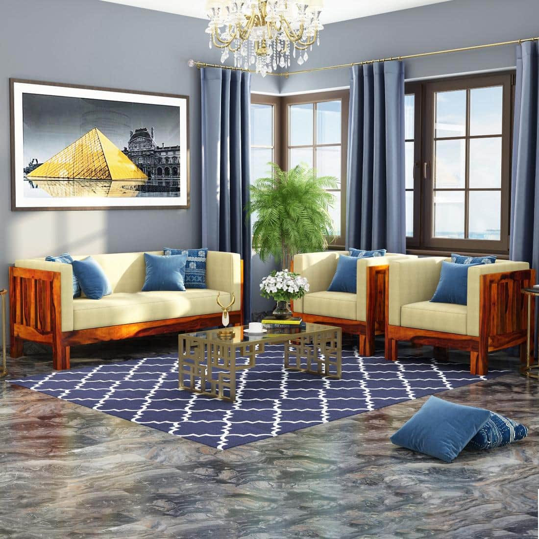 Prashiv 2+1+1 Seater Wooden Sofa (Creame Colour, Honey Finish)