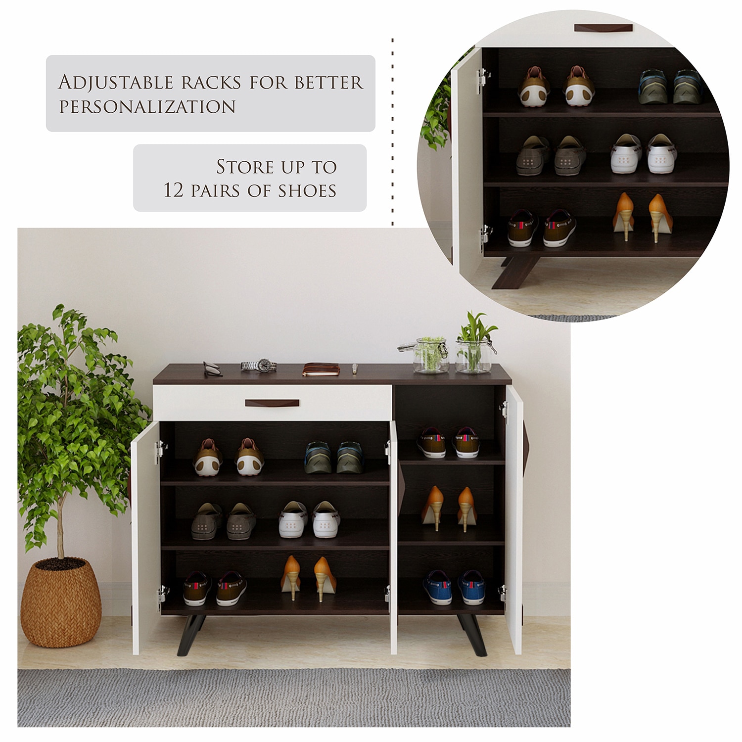 BLUEWUD Kaspen Engineered Wood Wood Dual Tone 3 Doors Shoe Rack Cabinet Slipper Footwear Stand Organizer with Drawer can Store Up to 16 Pairs for Home (Wenge & White)