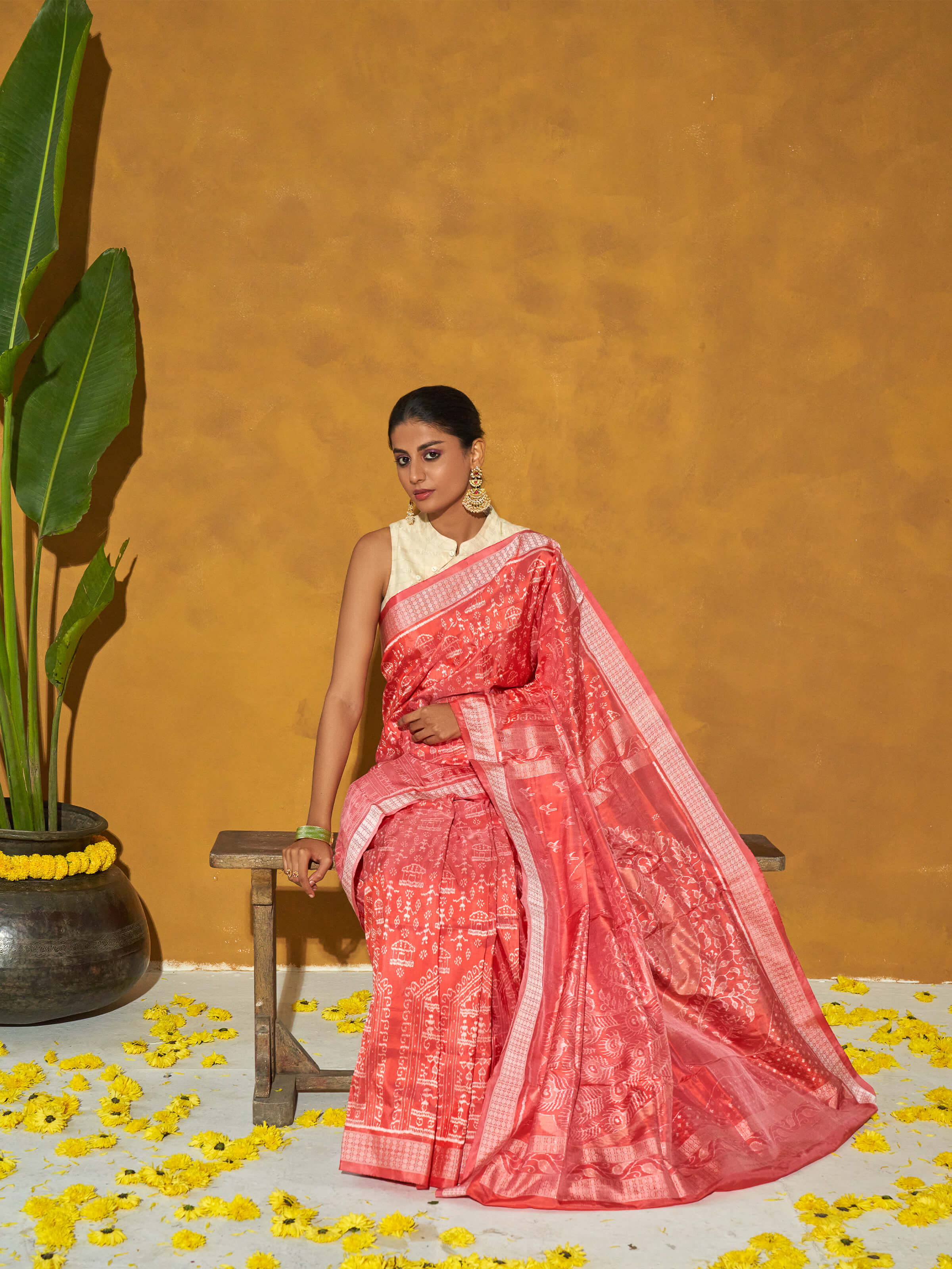 Peach Mulberry Silk Bandha Odisha Ikat Saree