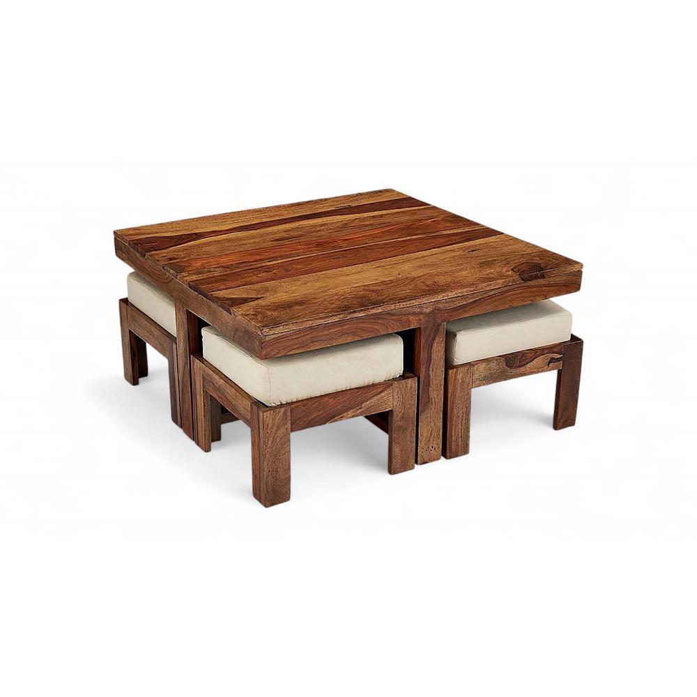 Blane Sheesham Wood Accent Coffee Table Set With 4 Stools In Natural Teak Finish