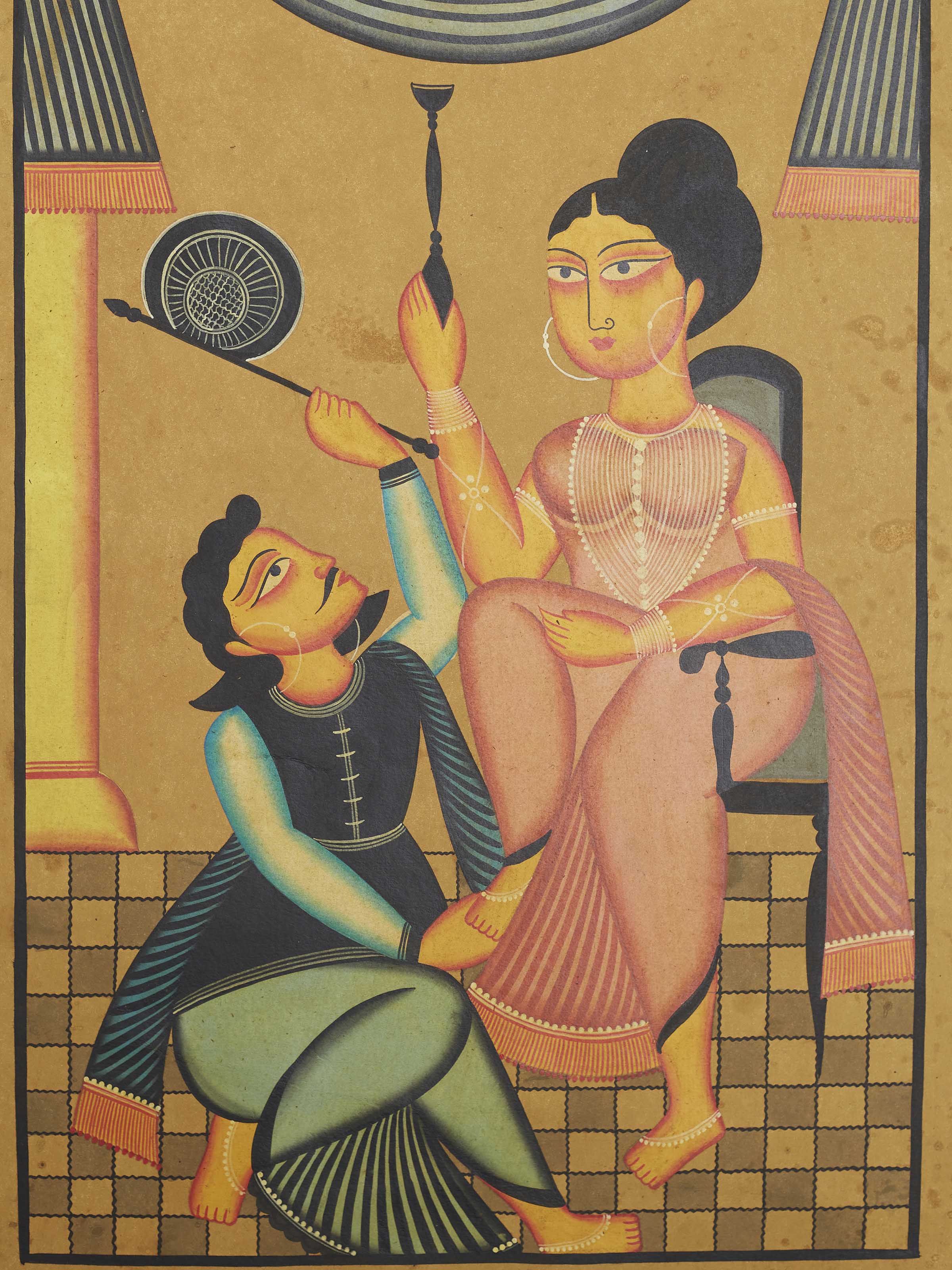 Detail close-up of Babu Bibi Kalighat painting showing brushwork and colors