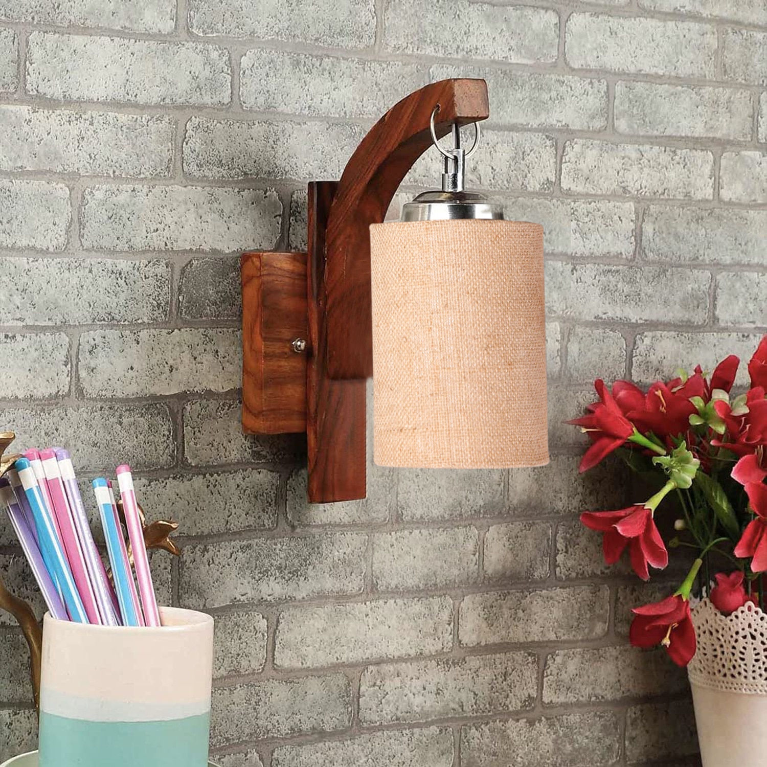 Devansh Solid Wood Electric Wall Light in Brown Colour with Beige Shade Count of 1 Light - Devansh