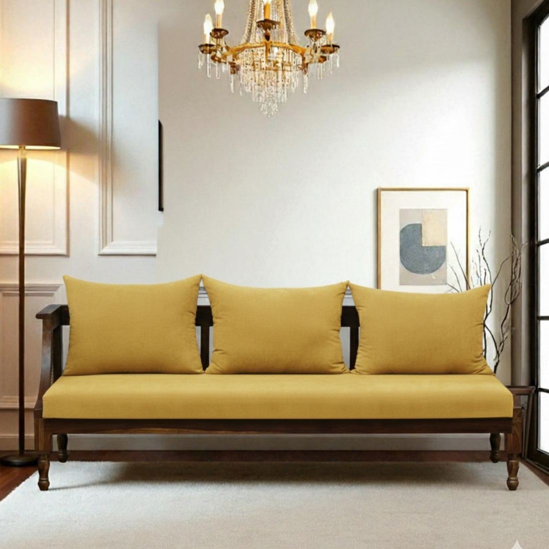 Heston 3 Seater Seater Wooden Sofa in Yellow Fabric - Bene Decor