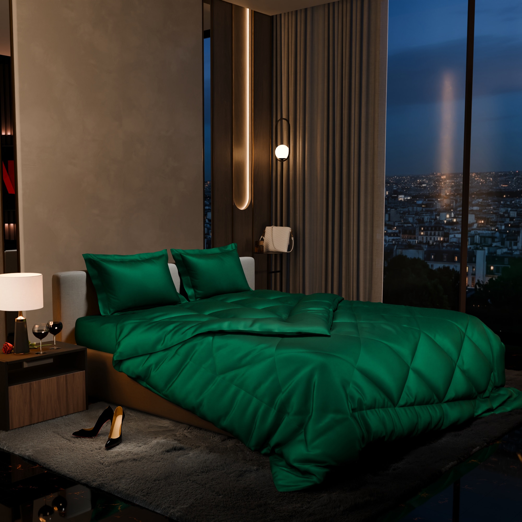Stoa Paris Comforter Set Double Bed, 300TC Satin Double Bed Comforters in Emerald Green - Stoa Paris