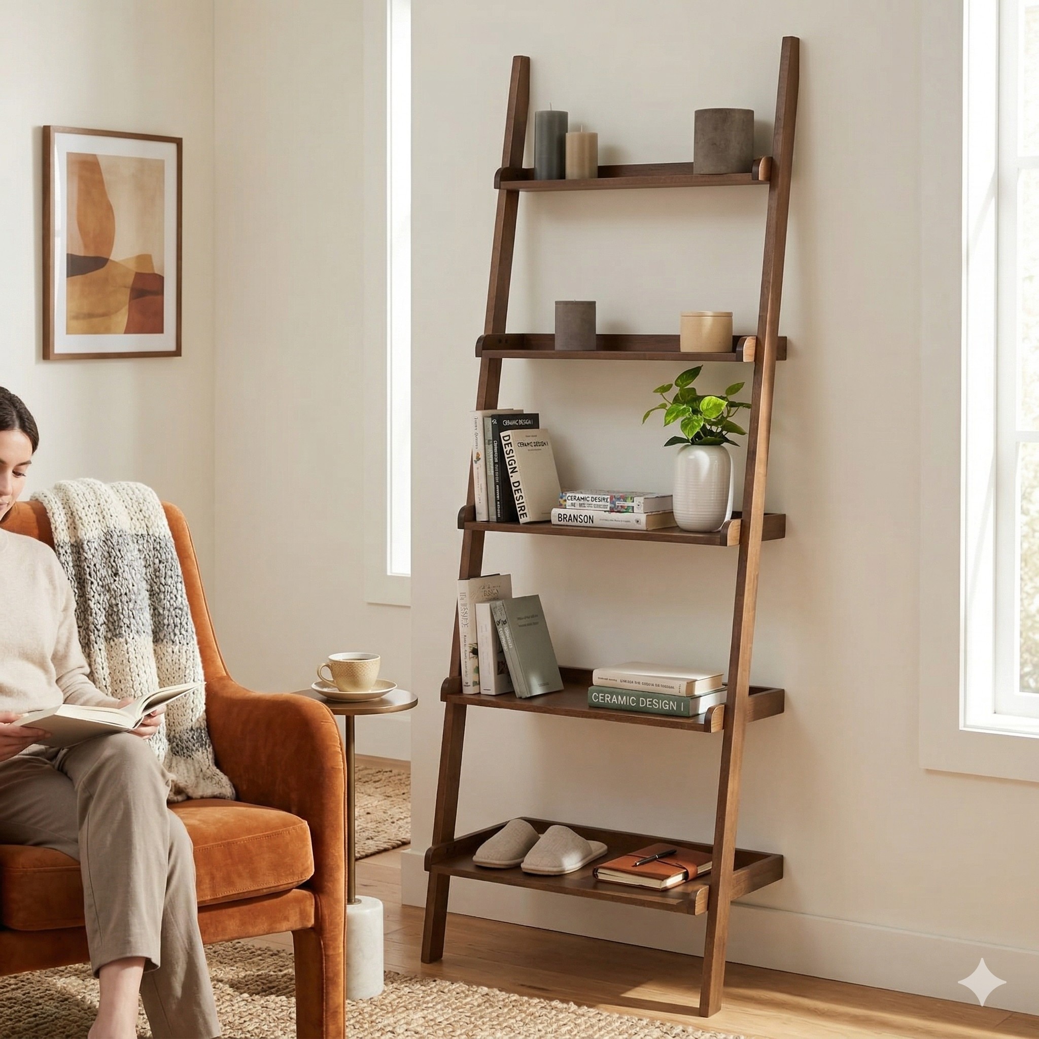 Scandinavian Milt Leaning Bookcase Cocoa Finish - Nestnordic