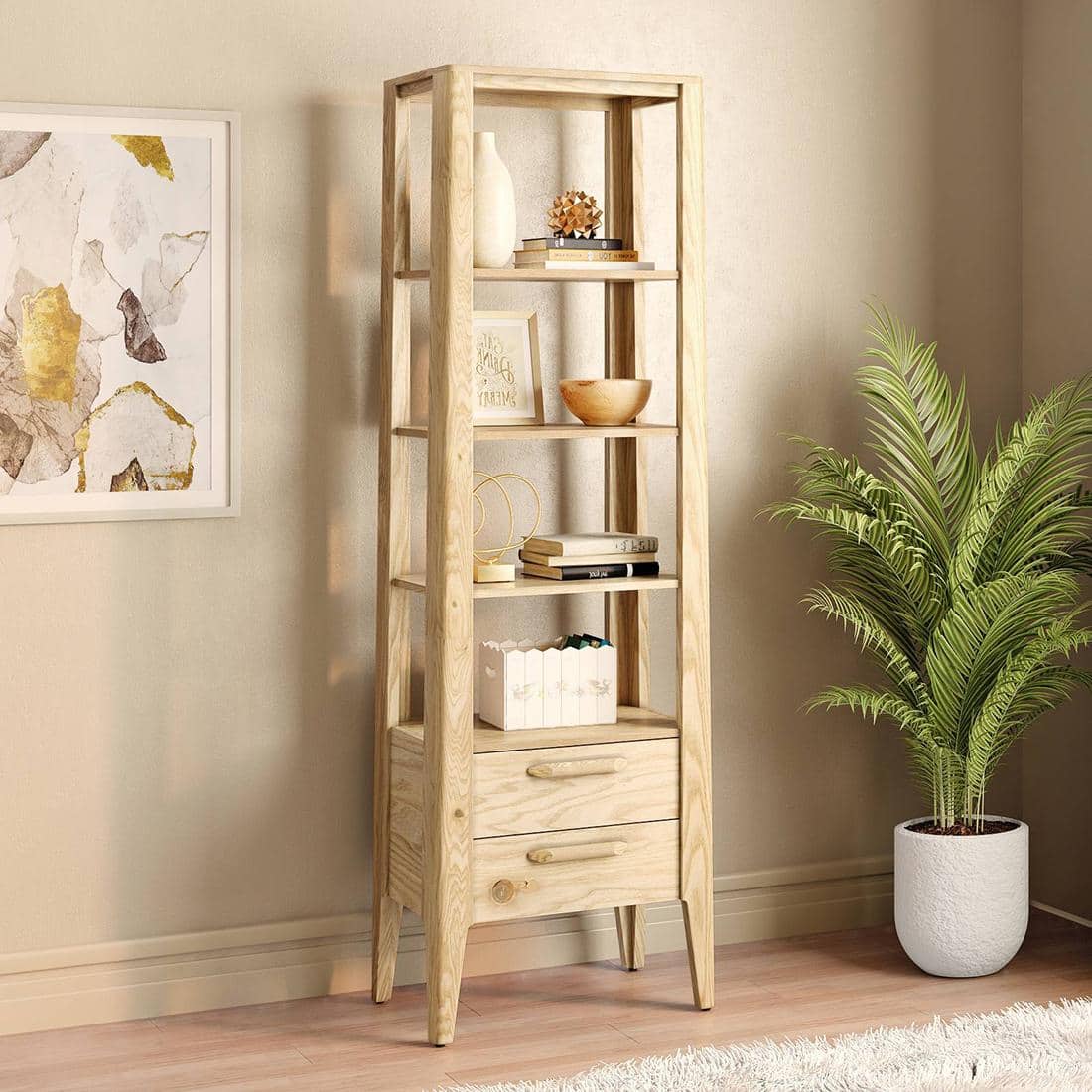 Faye Solid Wood Bookshelf In Natural White Ash Finish