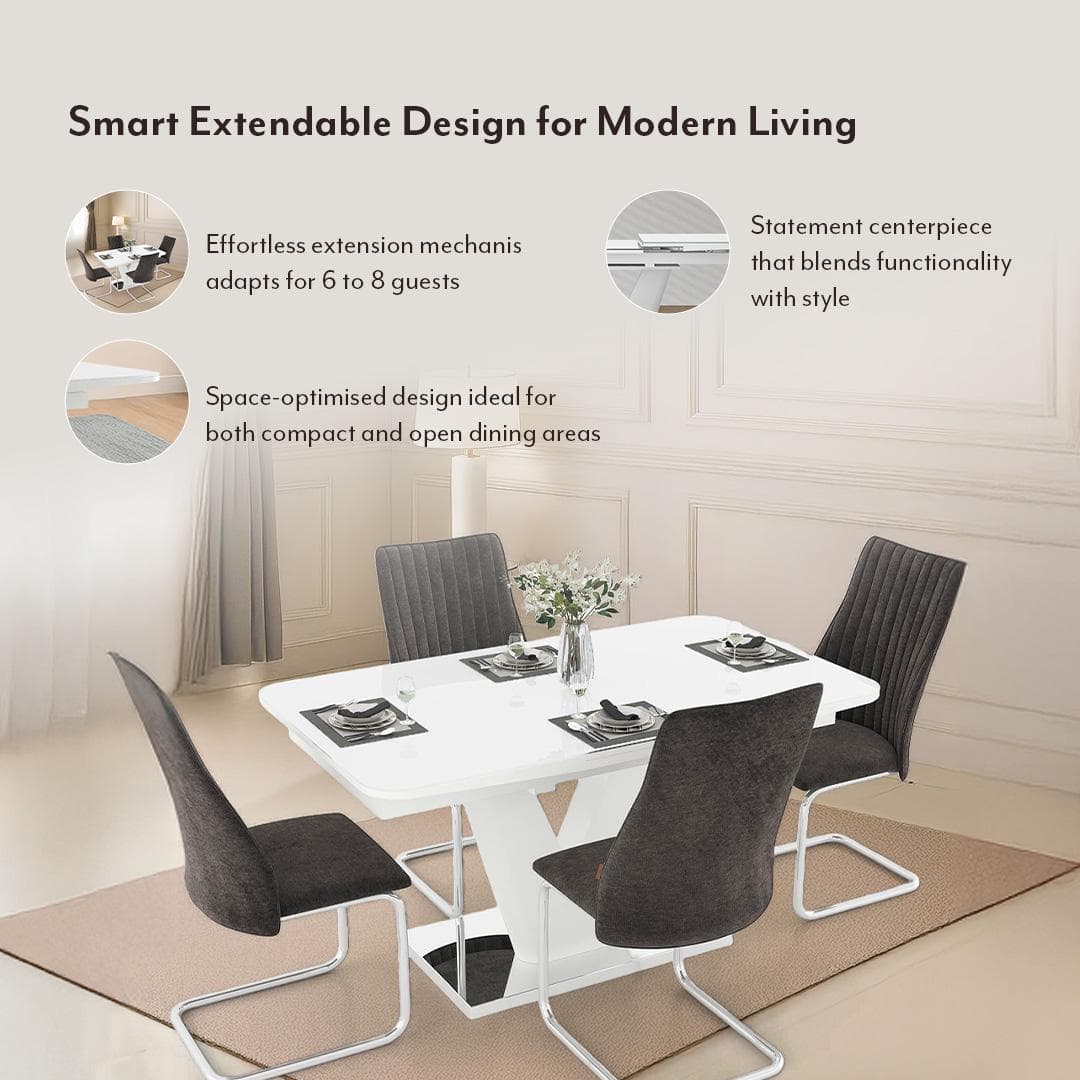 Caribu Glass 6 To 8 Seater Extendable Dining Table In White High Gloss Finish