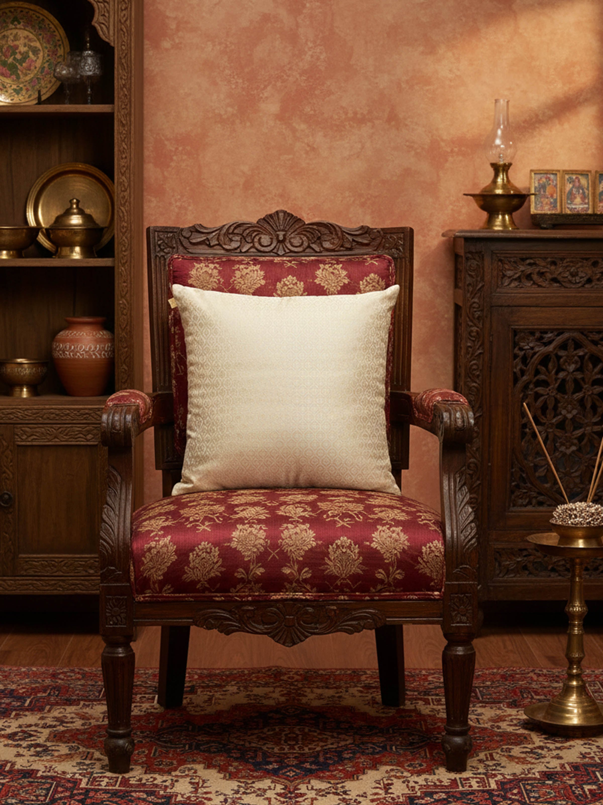 Awadh boota pista Banarasi handloom silk cushion cover with intricate pattern, lifestyle view