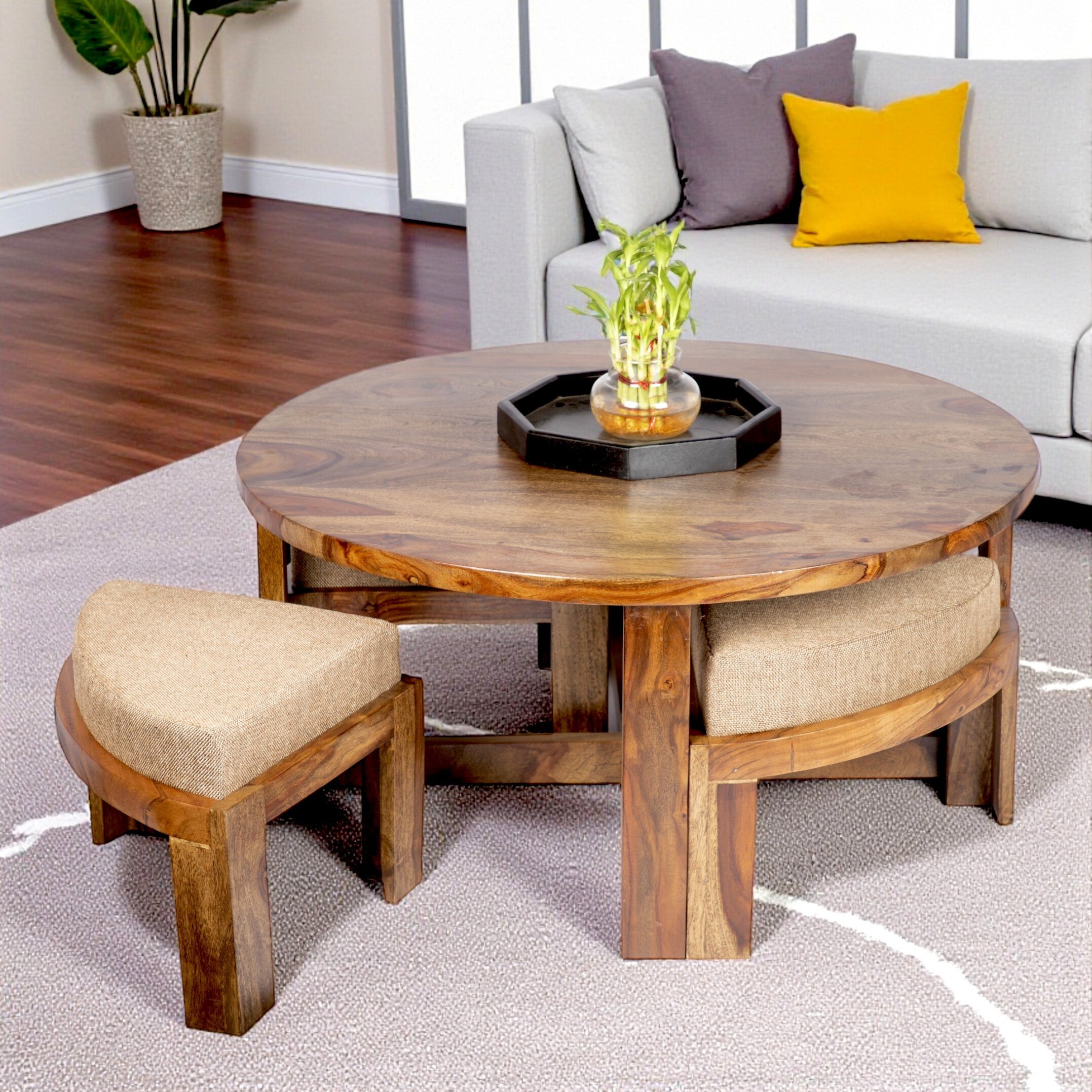 Nashville Sheesham Wood 4 Seater Coffee Table Set In Teak Finish